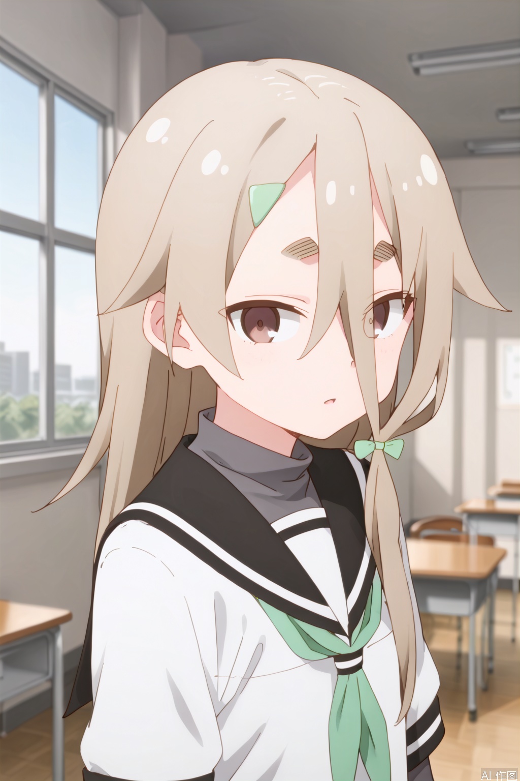1girl,solo,long hair,brown hair,hair ornament,hair between eyes,brown eyes,hairclip,thick eyebrows,green bow,short eyebrows,sailor uniform,,Indoor,Window,classroom,Sunshine,