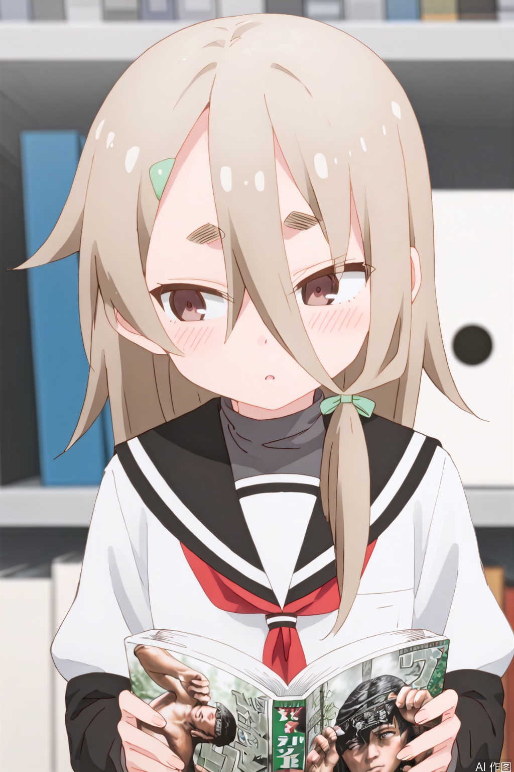 1girl, solo, long hair, blush, bangs, brown hair, shirt, hair ornament, holding, hair between eyes, brown eyes, school uniform, white shirt, serafuku, hairclip, indoors, blurry, looking to the side, book, blurry background, looking away, thick eyebrows, holding book, open book, reading