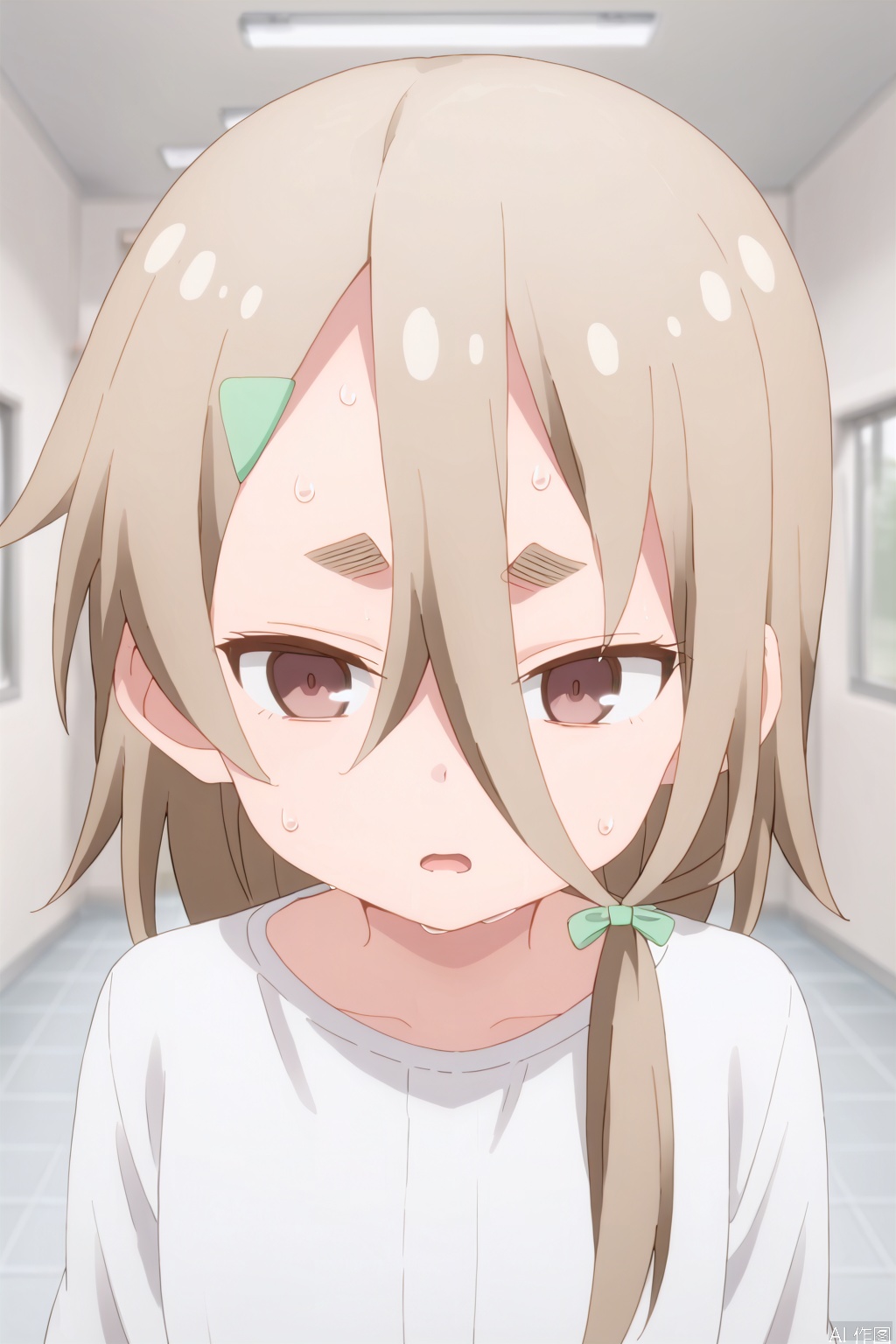 1girl, solo, open mouth, bangs, brown hair, hair ornament, hair between eyes, brown eyes, sweat, hairclip, indoors, sweatdrop, blurry, thick eyebrows, portrait, tiles,jitome,disgust,empty eyes