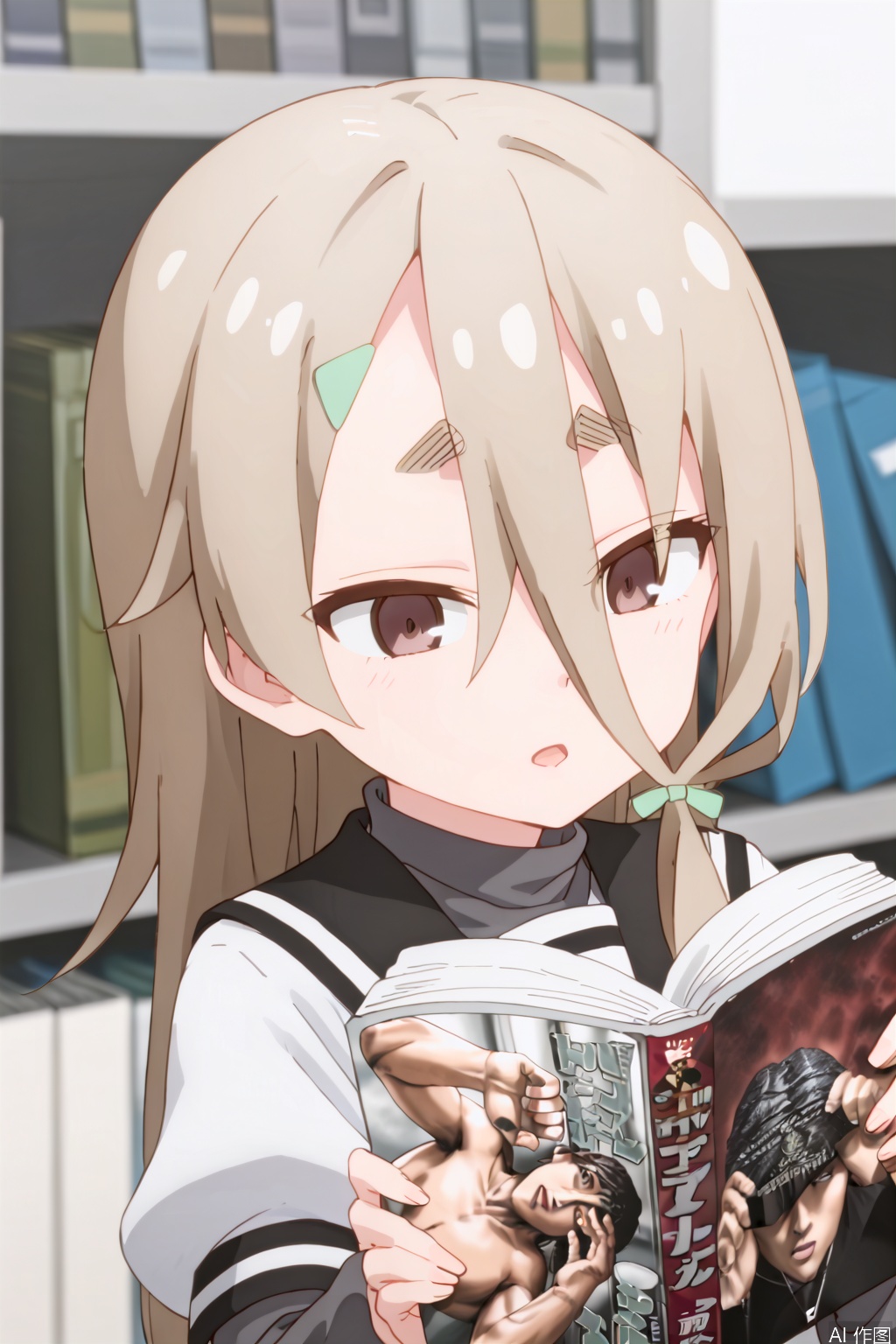 1girl, solo, long hair, open mouth, bangs, brown hair, shirt, hair ornament, holding, hair between eyes, brown eyes, school uniform, upper body, short sleeves, hairclip, puffy sleeves, indoors, blurry, book, blurry background, holding book, reading,