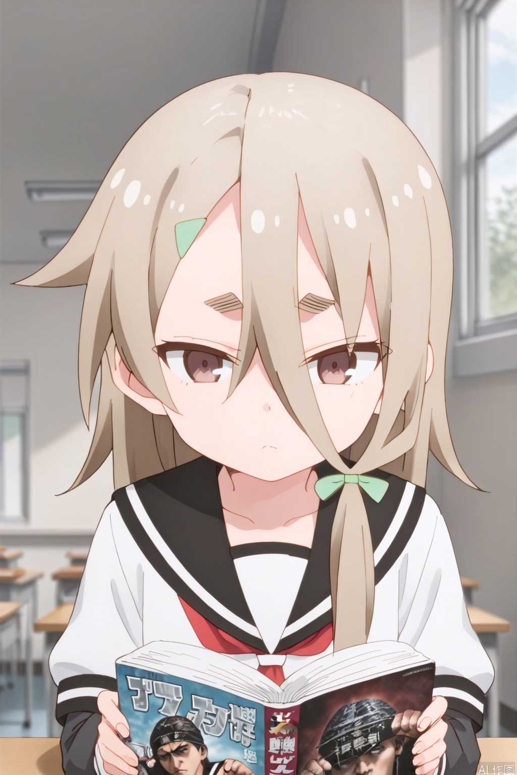 1girl,solo,long hair,brown hair,hair ornament,hair between eyes,brown eyes,hairclip,thick eyebrows,green bow,short eyebrows,sailor uniform,,Indoor,Window,classroom,Sunshine,sit,tilting head,hold the books,Frown, disgust,jitome,disgust,looking at viewer,