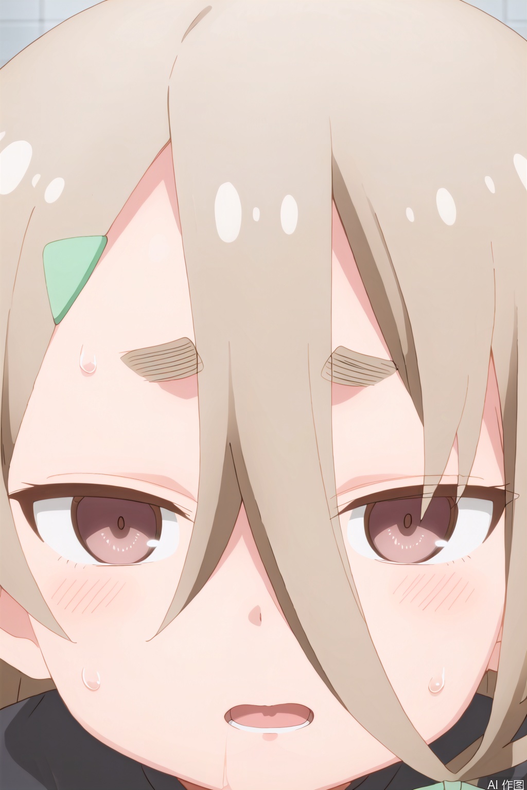 1girl, solo, open mouth, bangs, brown hair, hair ornament, hair between eyes, brown eyes, sweat, hairclip, indoors, sweatdrop, blurry, thick eyebrows, portrait, tiles,jitome,disgust