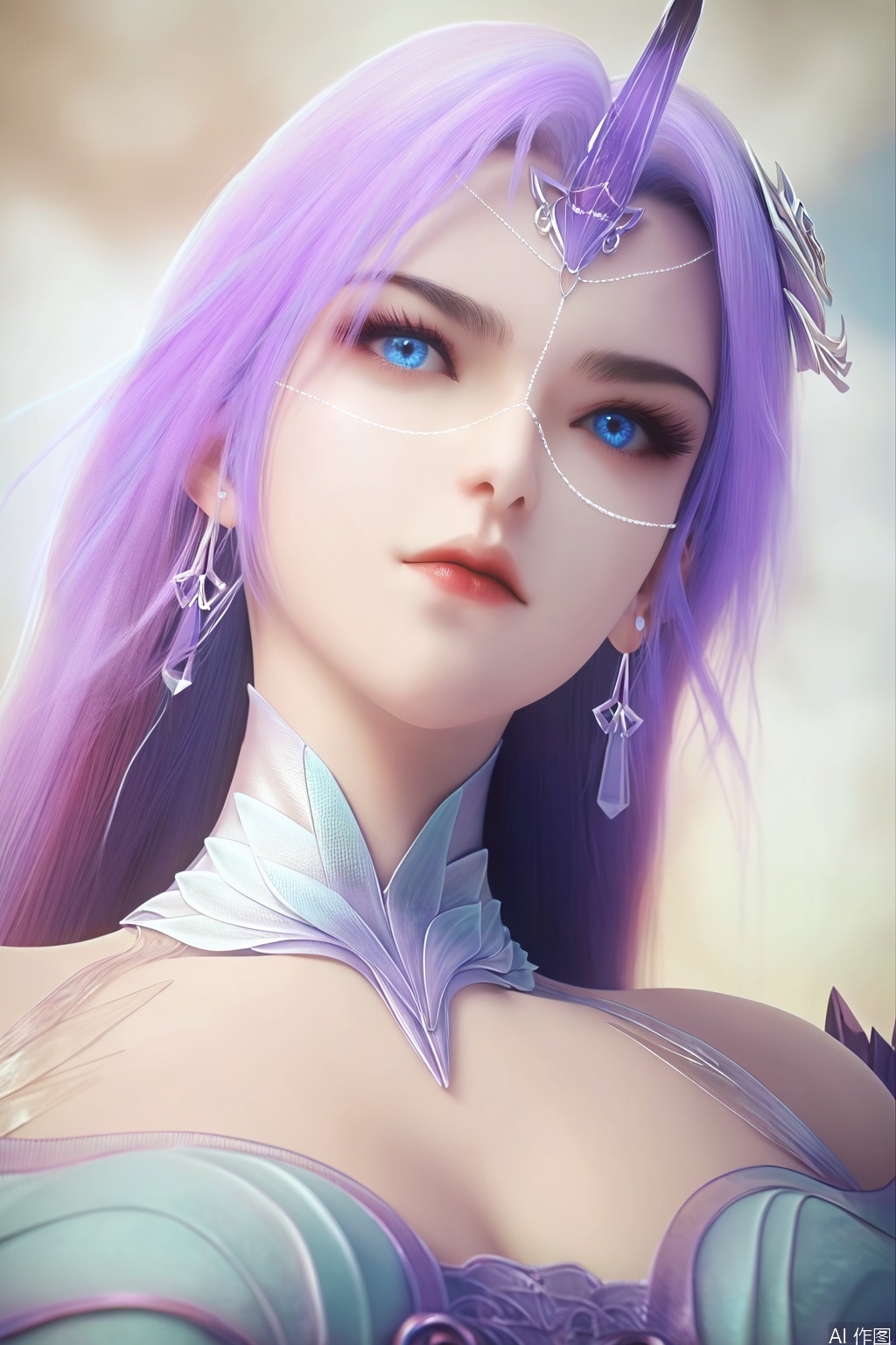score_9_up,score_8_up,score_7_up,(Masterpiece, Best Quality, High Resolution, 8K Raw),absurdres, highres, Expressiveh,illustration,realistic,
1girl, solo, long hair,purple hair, earrings, looking at viewer, blue eyes, hair ornament, dress, bare shoulders, jewelry, closed mouth, upper body, photorealistic,