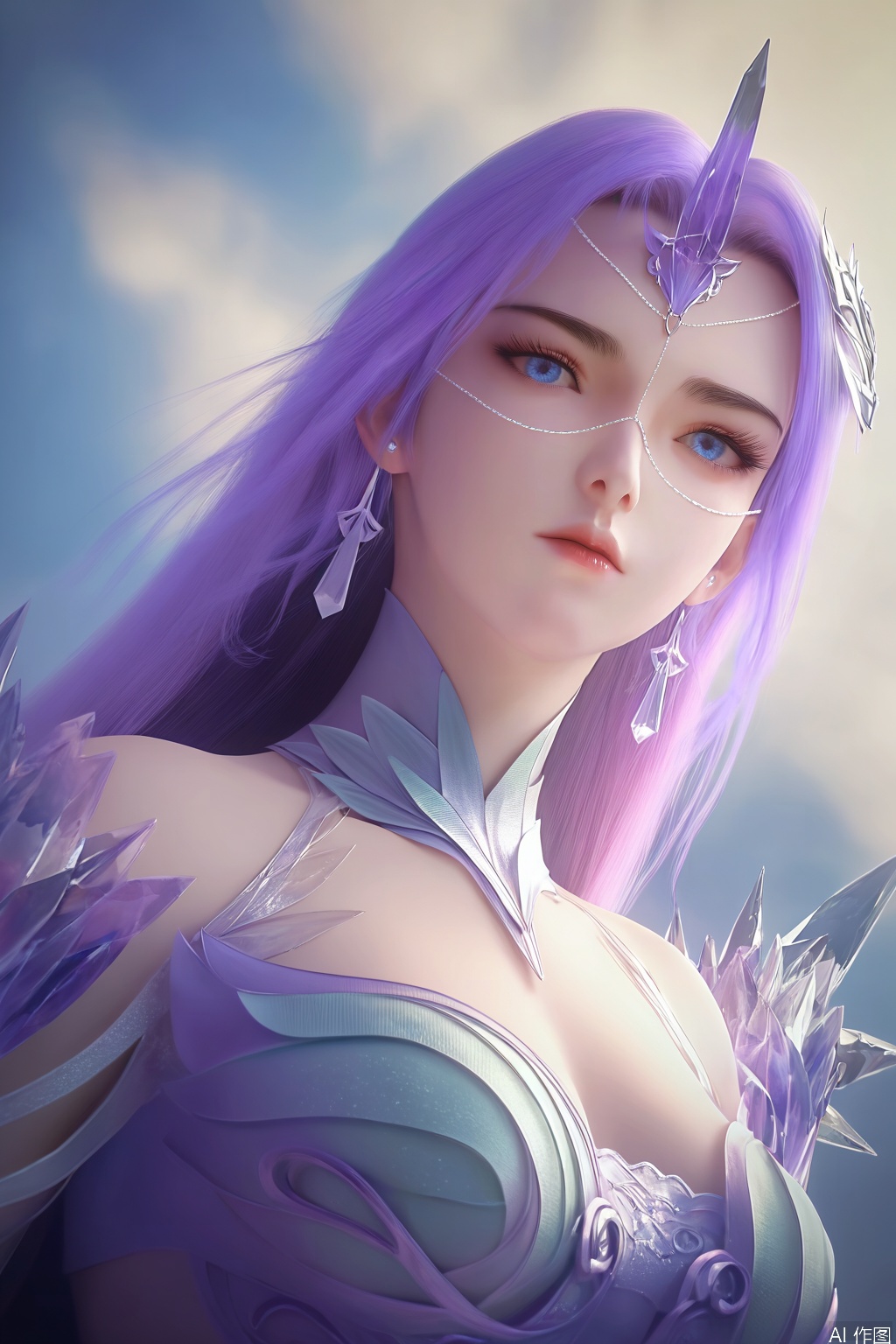 score_9_up,score_8_up,score_7_up,(Masterpiece, Best Quality, High Resolution, 8K Raw),absurdres, highres, Expressiveh,illustration,CG,
1girl, solo, long hair, looking at viewer, blue eyes, hair ornament, dress, jewelry, purple hair, earrings, portrait