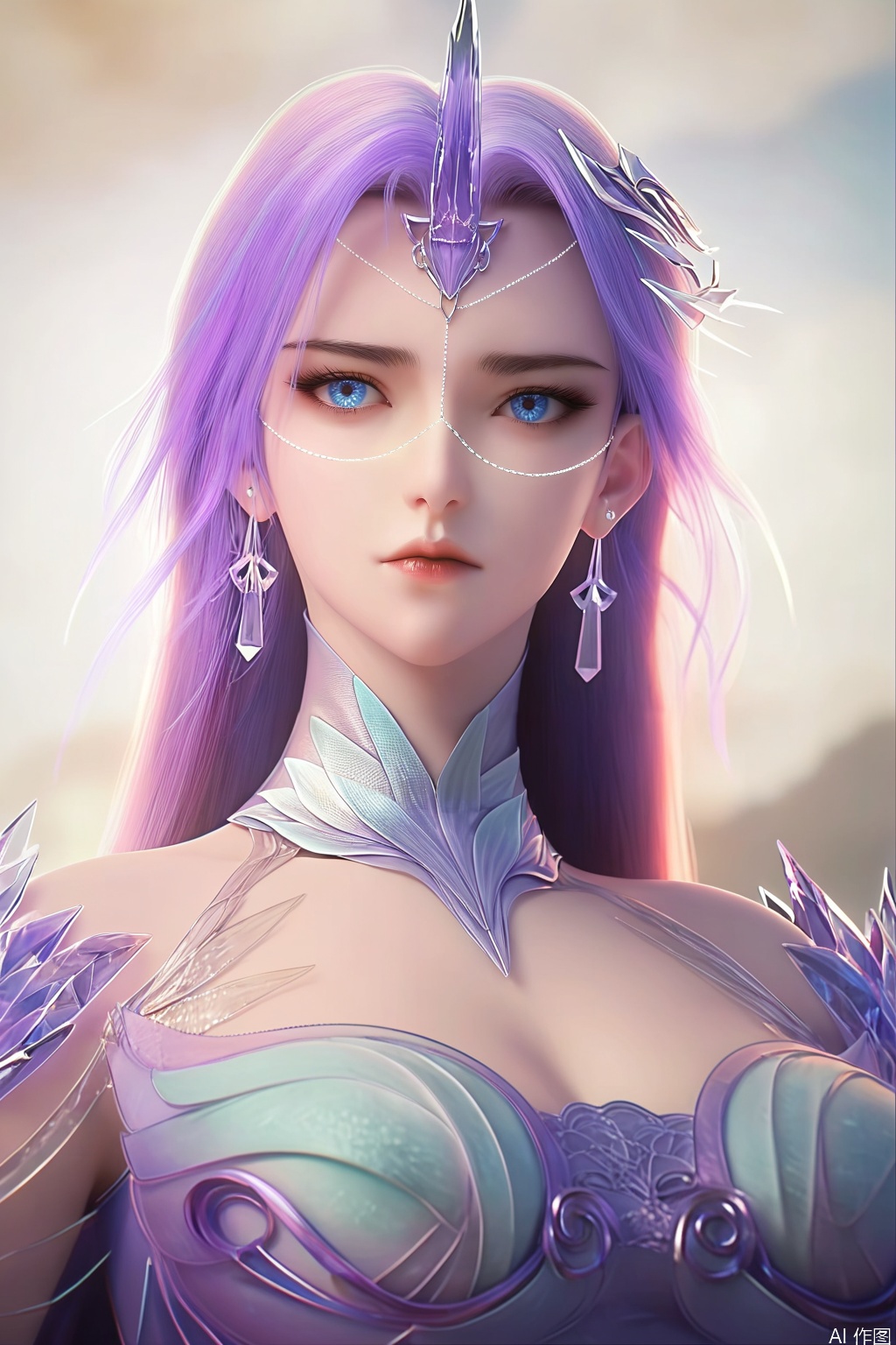 score_9_up,score_8_up,score_7_up,(Masterpiece, Best Quality, High Resolution, 8K Raw),absurdres, highres, Expressiveh,illustration,CG,
1girl, solo, long hair,purple hair, earrings, looking at viewer, blue eyes, hair ornament, dress, bare shoulders, jewelry, closed mouth, upper body, 