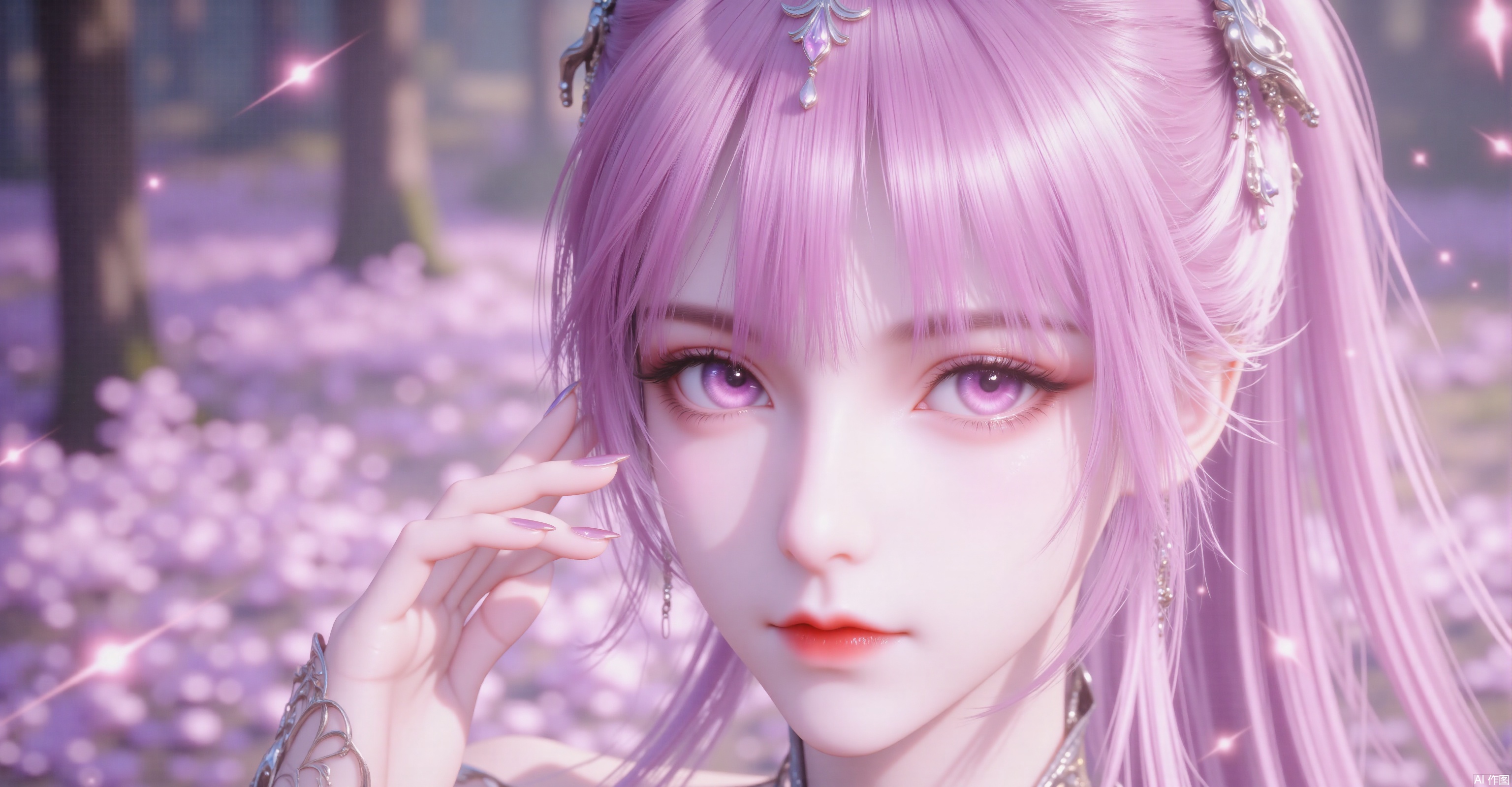This is a fantasy-style illustration featuring a character with long pink hair,adorned with star-shaped hair accessories.Her eyes are large and bright,accentuated by purple eyeshadow,which makes her look very charming.Her skin is fair,and she is wearing a light pink gauzy dress.The overall color scheme is soft,and there are twinkling light spots in the background,creating a mysterious and romantic atmosphere.This style is particularly suitable for AI-generated images,especially those that require dreamy,romantic,or mysterious elements.