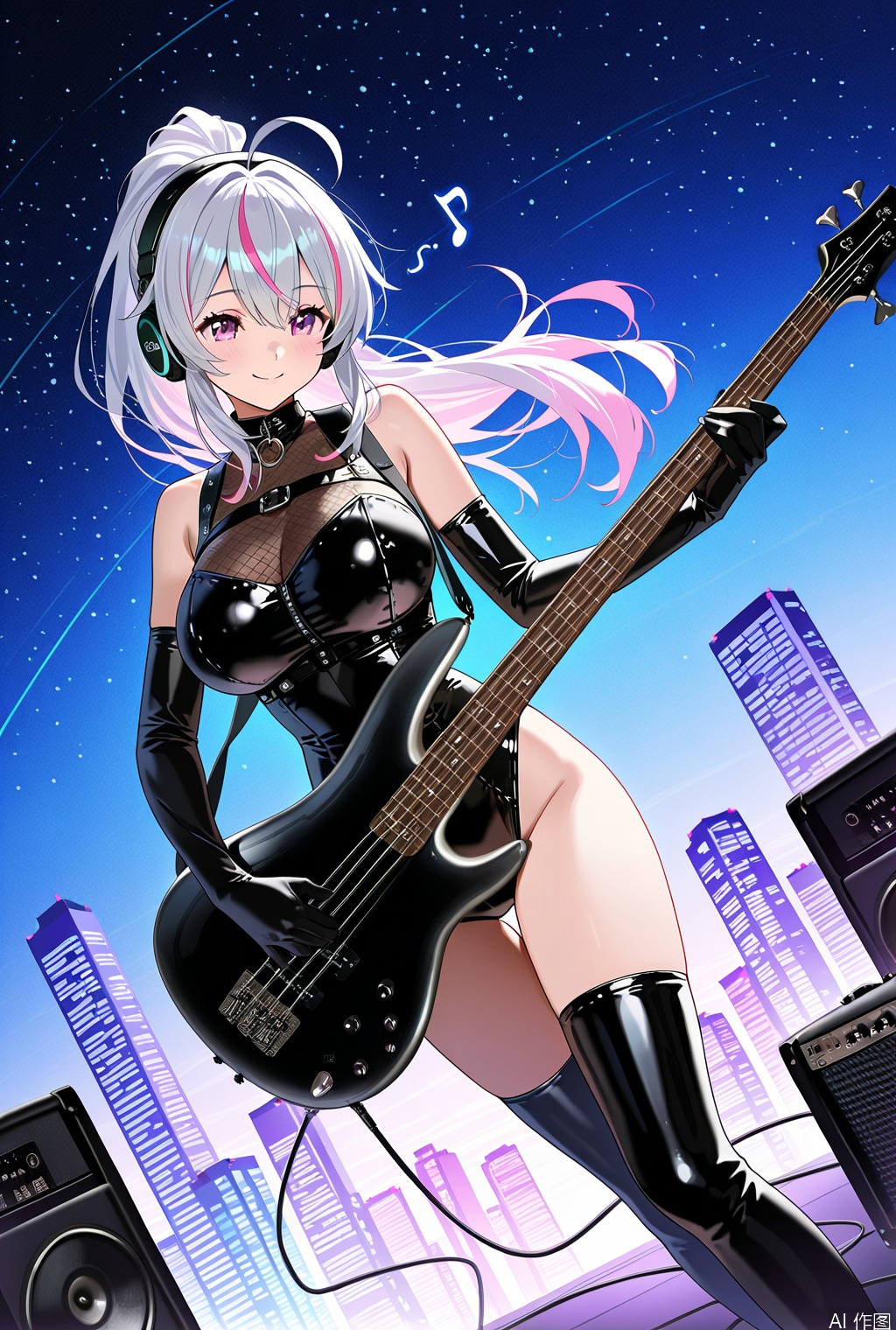 1woman playing bass_guitar,dynamic angle,full_body,big breast,solo, beautiful eyes,colorful long hair,streaked hair,ahoge,high ponytail,little smile, leather leotard, elbow gloves,lovestruck,headphone,thighboots, speaker,amplifier,swirling musical note, starry sky,skyscraper, textures,detailed texture,very detailed face, masterpiece,best quality,good quality,very awa,very aesthetic,absurdres,newest,
