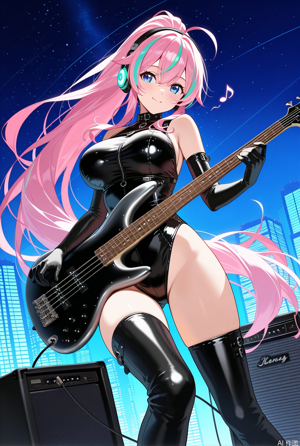1woman playing bass_guitar,comfortable angle,full_body,big breast,solo, beautiful eyes,colorful long hair,streaked hair,ahoge,high ponytail,little smile, leather leotard, elbow gloves,lovestruck,headphone,thighboots, speaker,amplifier,swirling musical note, starry sky,skyscraper, textures,detailed texture,very detailed face, masterpiece,best quality,good quality,very awa,very aesthetic,absurdres,newest,