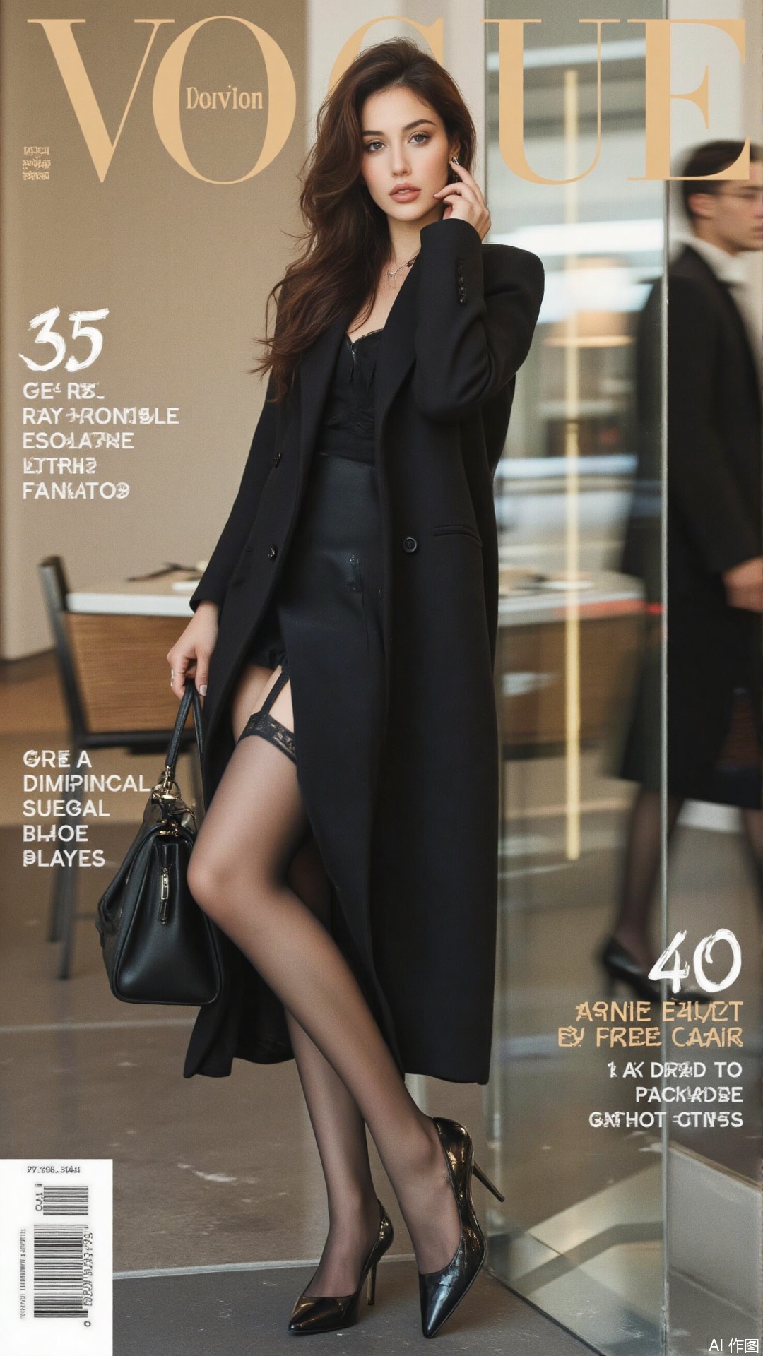 The magazine cover embodies futuristic minimalist luxury:
A stylish and modern female model in Magazine cover,wearing model clothes, black garter stockings,high heels,model pose.,plns,jag