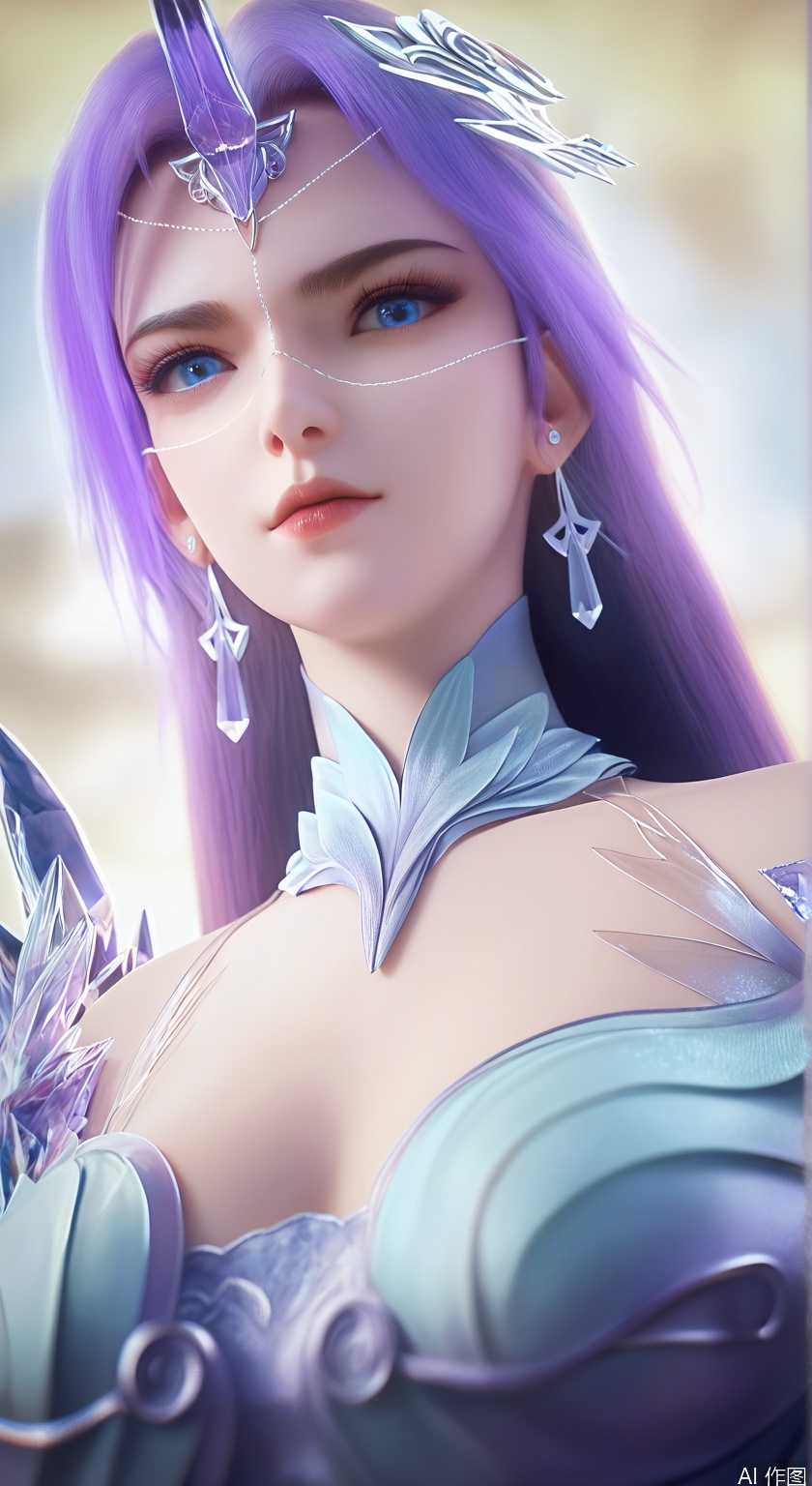 score_9_up,score_8_up,score_7_up,(Masterpiece, Best Quality, High Resolution, 8K Raw),absurdres, highres, Expressiveh,illustration,realistic,
1girl, solo, long hair, looking at viewer, blue eyes, hair ornament, dress, jewelry, purple hair, earrings, portrait, photorealistic,