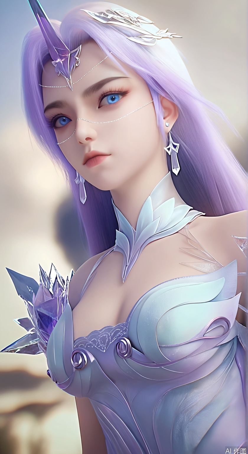 score_9_up,score_8_up,score_7_up,(Masterpiece, Best Quality, High Resolution, 8K Raw),absurdres, highres, Expressiveh,illustration,realistic,
1girl, solo, long hair,purple hair, earrings, looking at viewer, blue eyes, hair ornament, dress, bare shoulders, jewelry, closed mouth, upper body,thighs, photorealistic,
