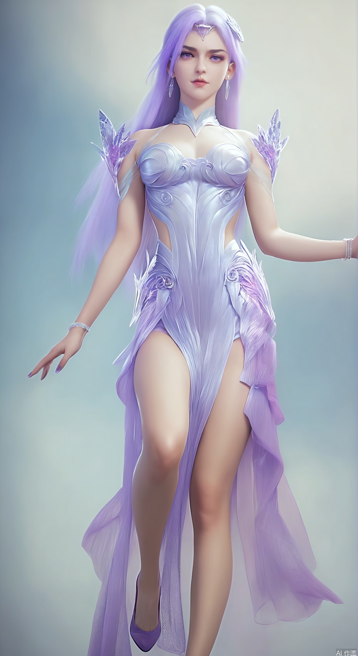 score_9_up,score_8_up,score_7_up,realistic,
1girl, solo, long hair,purple hair, earrings, looking at viewer, dress,full body,thighs, photorealistic,