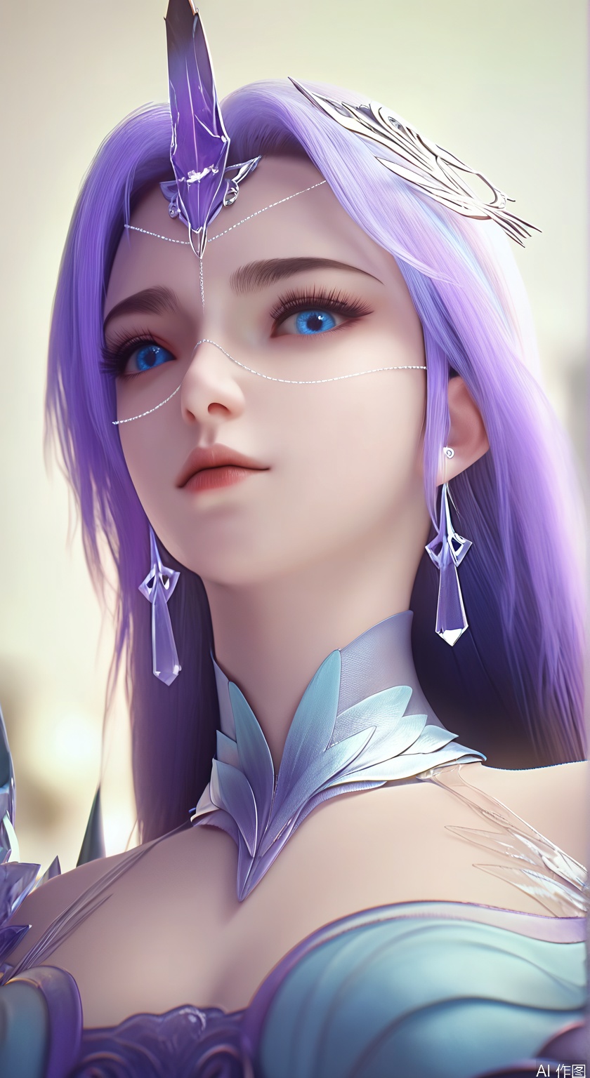 score_9_up,score_8_up,score_7_up,(Masterpiece, Best Quality, High Resolution, 8K Raw),absurdres, highres, Expressiveh,illustration,realistic,
1girl, solo, long hair, looking at viewer, blue eyes, hair ornament, dress, jewelry, purple hair, earrings, portrait, photorealistic,
