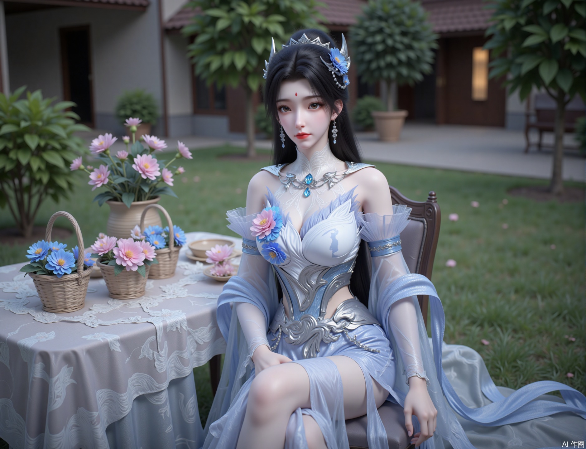 zichu-xiaoyue,The image depicts a highly detailed and stylized digital artwork of a female character seated on a chair outdoors. She is adorned in an elaborate, fantasy-inspired outfit, featuring a white and silver bodice with intricate designs, flowing blue fabric, and delicate accessories such as a headpiece and jewelry. Her attire includes a floral motif on her chest and matching accessories. The character has long black hair and is wearing a serene expression.

In the background, there is a table covered with a lace tablecloth, upon which are several baskets filled with colorful flowers, including pink and blue blossoms. The setting appears to be a garden or courtyard with lush greenery and a building visible in the distance. The overall atmosphere is tranquil and picturesque.