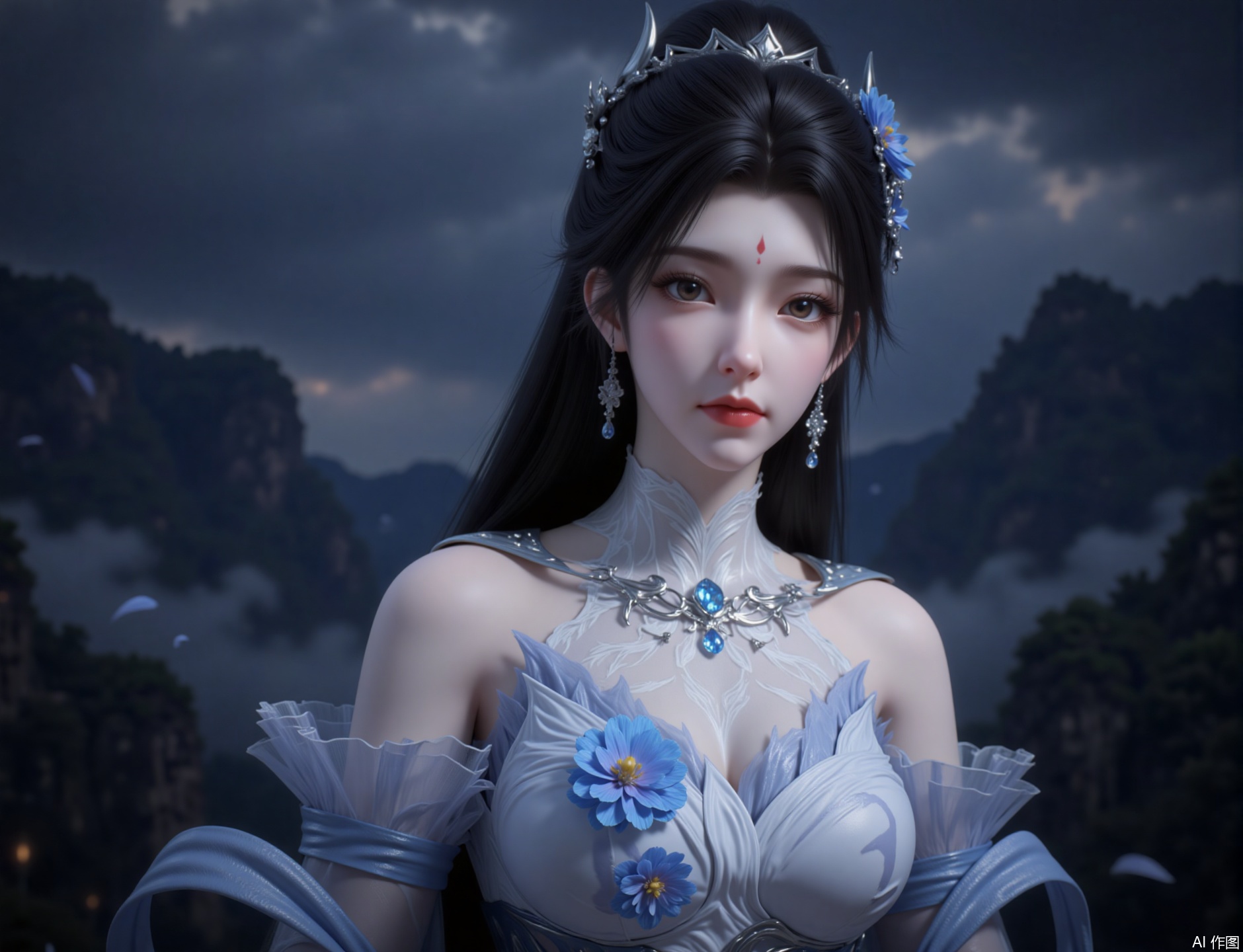 zichu-xiaoyue,This image depicts a woman with long fluttering black hair, with brown eyes and pink lips, her head decorated with blue flowers and a crescent-shaped ornament and a red mark on her forehead
She wore an elaborate fantasy-style outfit with intricate silver patterns on her white and blue corset. Her outfits include a headdress decorated with blue flowers and a necklace with blue gemstones in the center. 
The background is a blurry, ambiguity scene with dark cloudy sky and signs of mountains or cliffs, giving a mysterious and ethereal feeling.