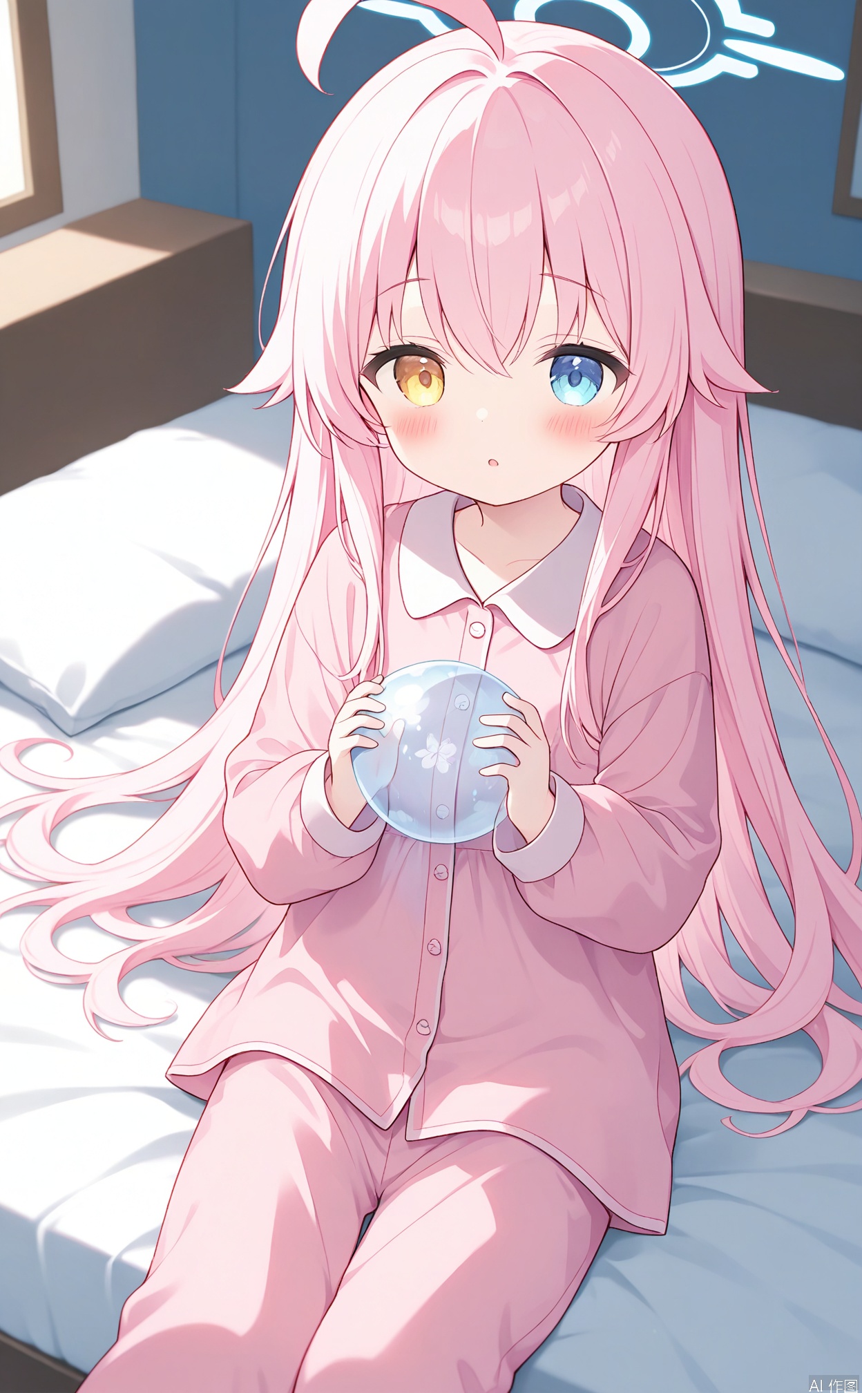 age_down,masterpiece,best quality,high quality,loli,chromatic_aberration,1girl,solo,long hair,loli,loli,loli,(little_girl:1.2),petite:1.1,hoshino(blue archive),close eye,sleeply,indoors,cxqbwh,Pajamas, long sleeves,long pants,sitting on bed,Hold ball Transparent ball,clothes on bed,qshy