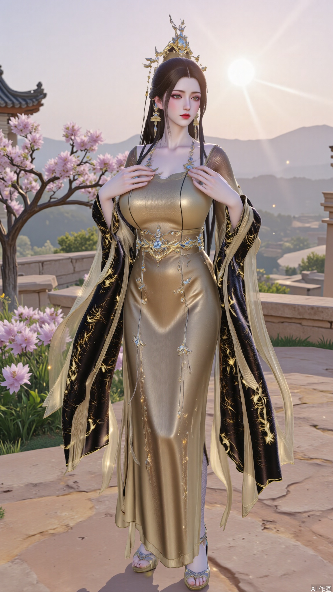 YMJHyttgm,1girl,solo,standing,holding her breasts in her hands,clothing covers the breasts,chinese clothes,golden footwear,black hair,very long hair,full body,luxueqi,DTCmoyu,Hugebr,red lips,flowers,tree,sun,shine,LXQ-ba,