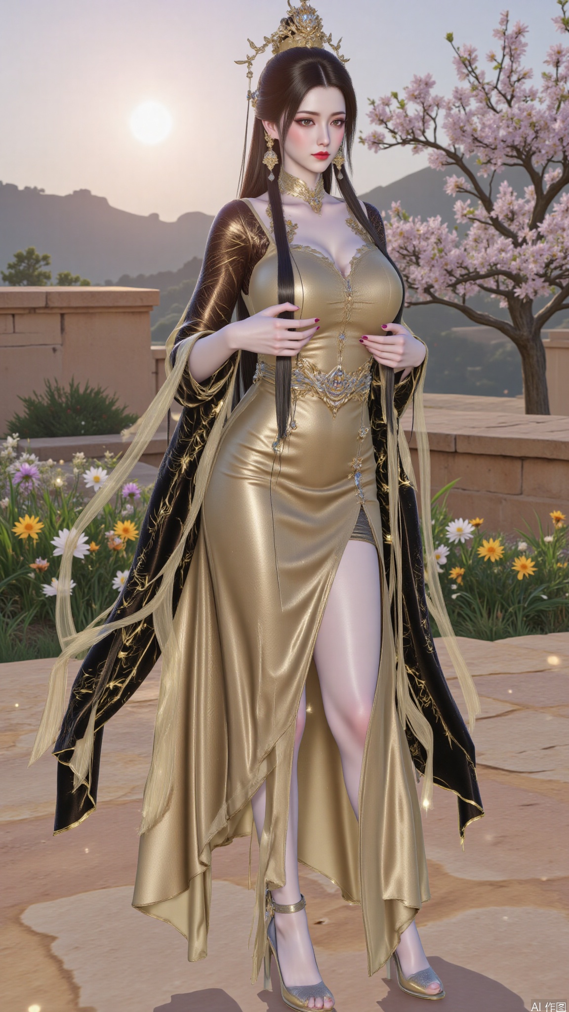 YMJHyttgm,1girl,solo,standing,holding her breasts in her hands,clothing covers the breasts,chinese clothes,golden footwear,black hair,very long hair,full body,luxueqi,DTCmoyu,Hugebr,red lips,flowers,tree,sun,shine,LXQ-ba,