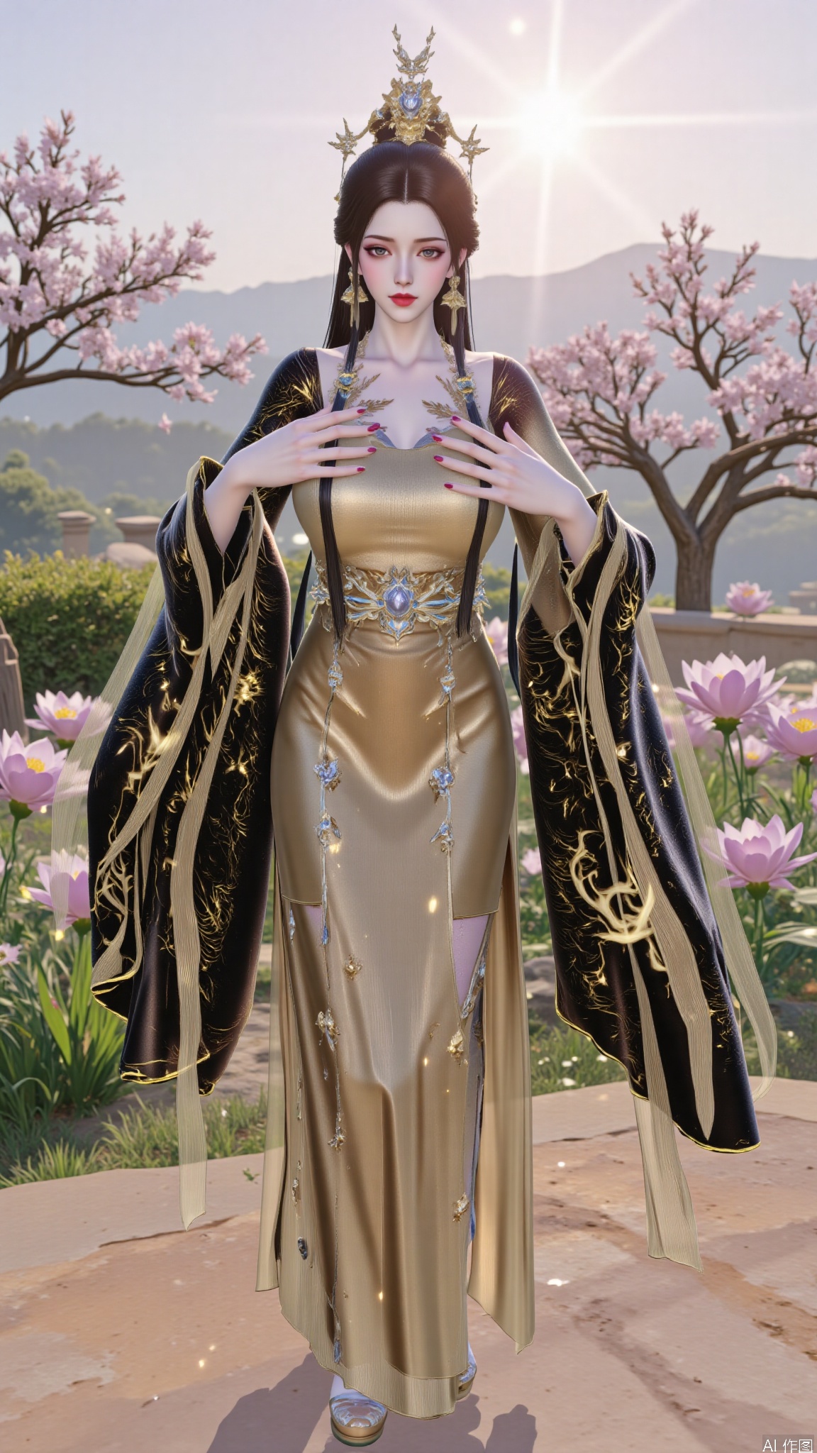 YMJHyttgm,1girl,solo,standing,holding her breasts in her hands,clothing covers the breasts,chinese clothes,golden footwear,black hair,very long hair,full body,luxueqi,DTCmoyu,Hugebr,red lips,flowers,tree,sun,shine,LXQ-ba,