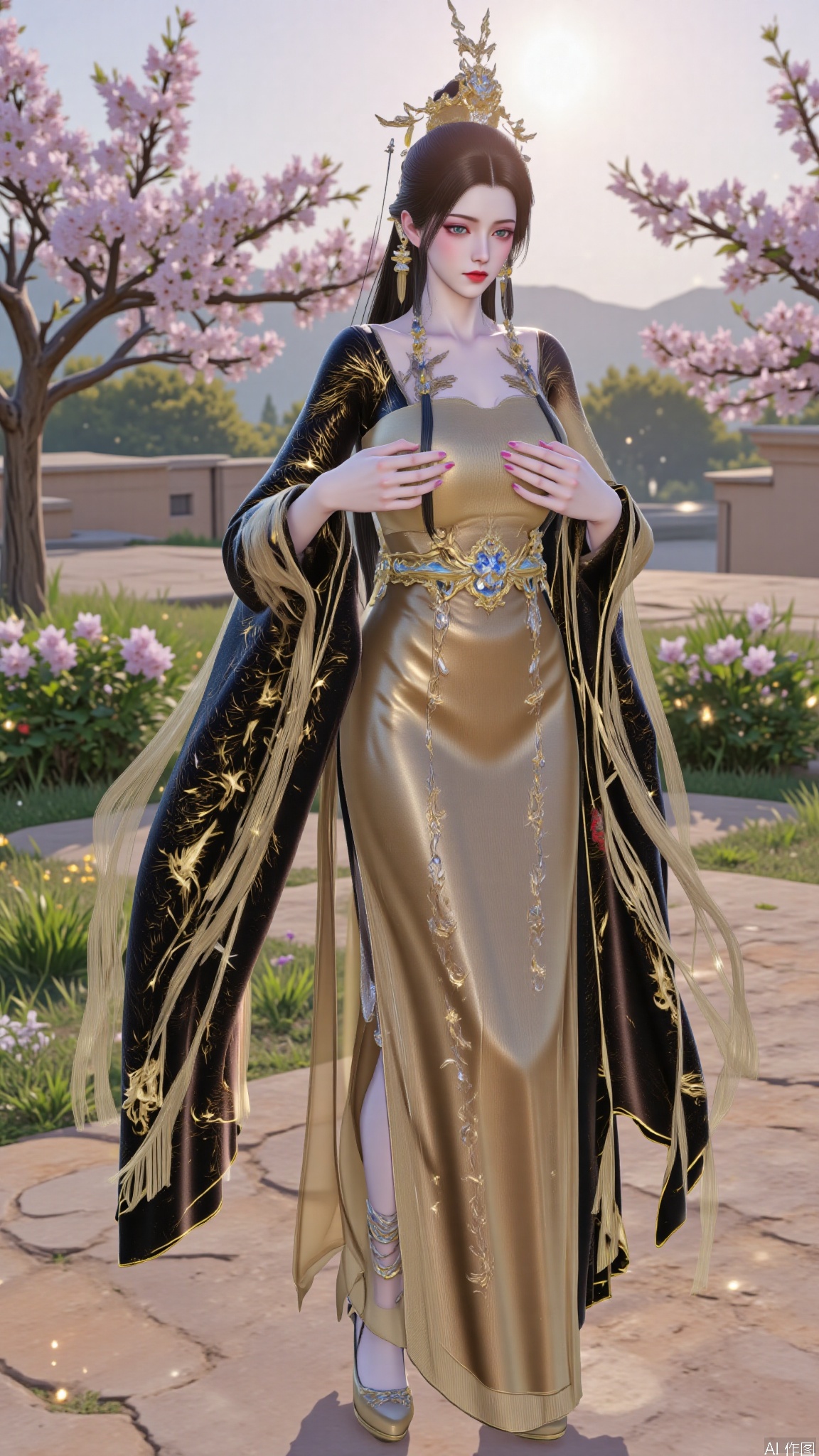 YMJHyttgm,1girl,solo,standing,holding her breasts in her hands,clothing covers the breasts,chinese clothes,golden footwear,black hair,very long hair,full body,luxueqi,DTCmoyu,Hugebr,red lips,flowers,tree,sun,shine,LXQ-ba,