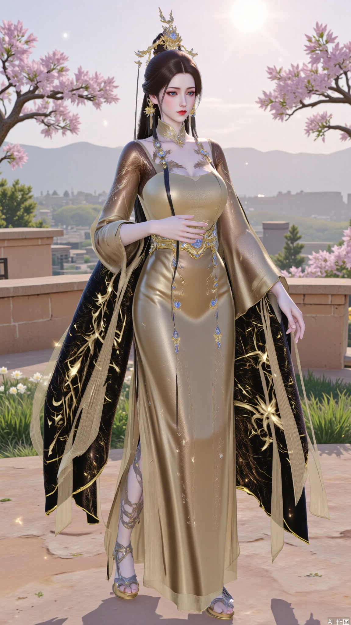 YMJHyttgm,1girl,solo,standing,holding her breasts in her hands,clothing covers the breasts,chinese clothes,golden footwear,black hair,very long hair,full body,luxueqi,DTCmoyu,Hugebr,red lips,flowers,tree,sun,shine,LXQ-ba,