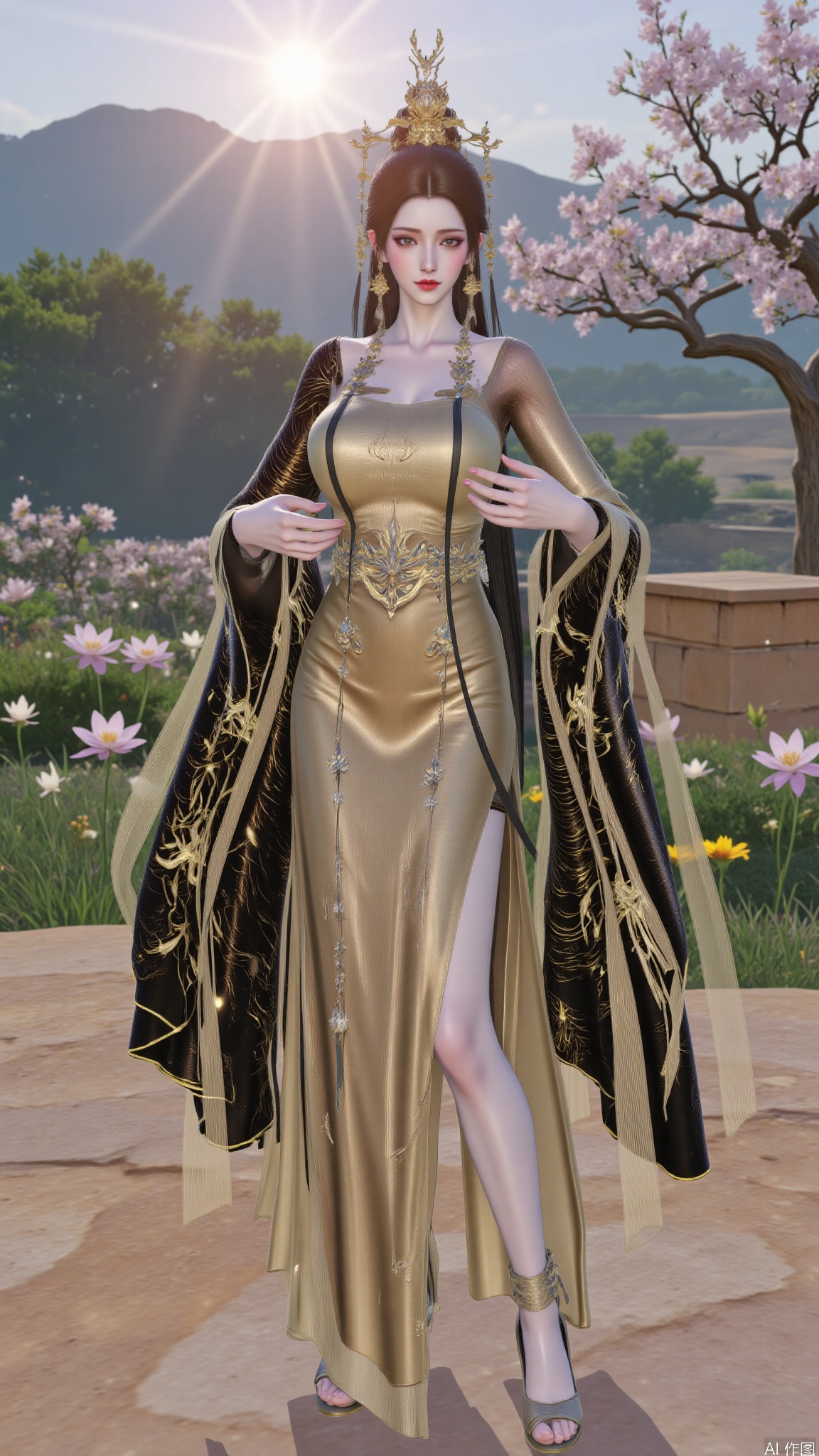 YMJHyttgm,1girl,solo,standing,holding her breasts in her hands,clothing covers the breasts,chinese clothes,golden footwear,black hair,very long hair,full body,luxueqi,DTCmoyu,Hugebr,red lips,flowers,tree,sun,shine,LXQ-ba,