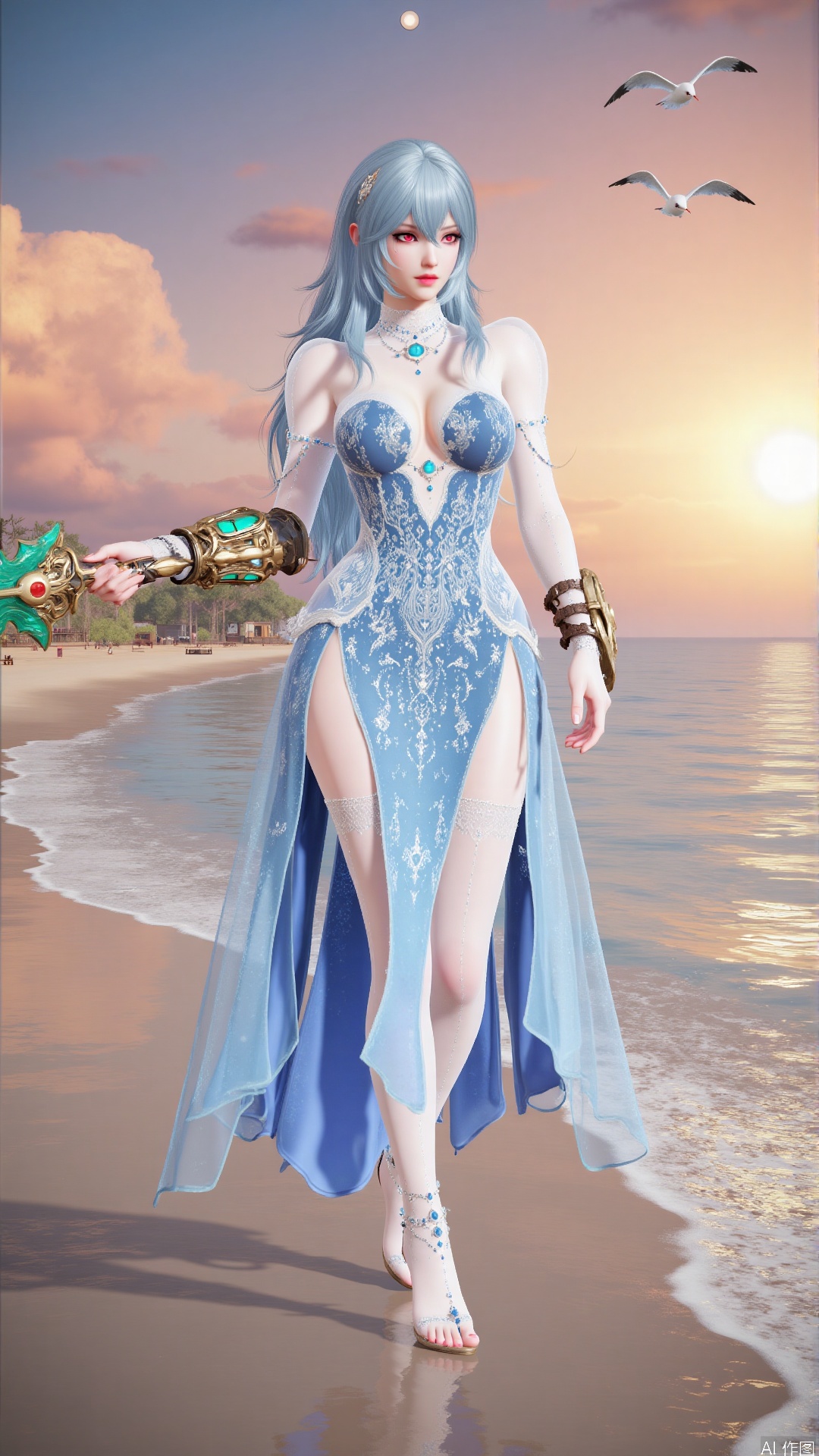 (masterpiece, best quality, 8K), cinematic lighting, sunset glow,  
(long blue hair:1.3) flowing in sea breeze, (red eyes glowing:1.2) reflecting golden light,  
(strapless blue dress:1.4) with high slit revealing legs, sheer sleeves rippling, intricate embroidery patterns shimmering with metallic threads,  
standing barefoot on wet sandy beach, gentle waves washing over feet,  
(ornate green-gold sword:1.3) held aloft, blade refracting orange sunlight into prismatic sparks,  
background: dramatic ocean horizon with gradient sunset (deep orange to magenta), scattered cumulus clouds edged with golden light, distant sailboat silhouette,  
dynamic elements: seagulls flying across frame, wind-blown dress clinging to body, water droplets suspended in air,  
style fusion: Makoto Shinkai's color saturation + Greg Rutkowski's fantasy realism,  
details: subsurface scattering on skin, wet sand texture, foam lace on waves  