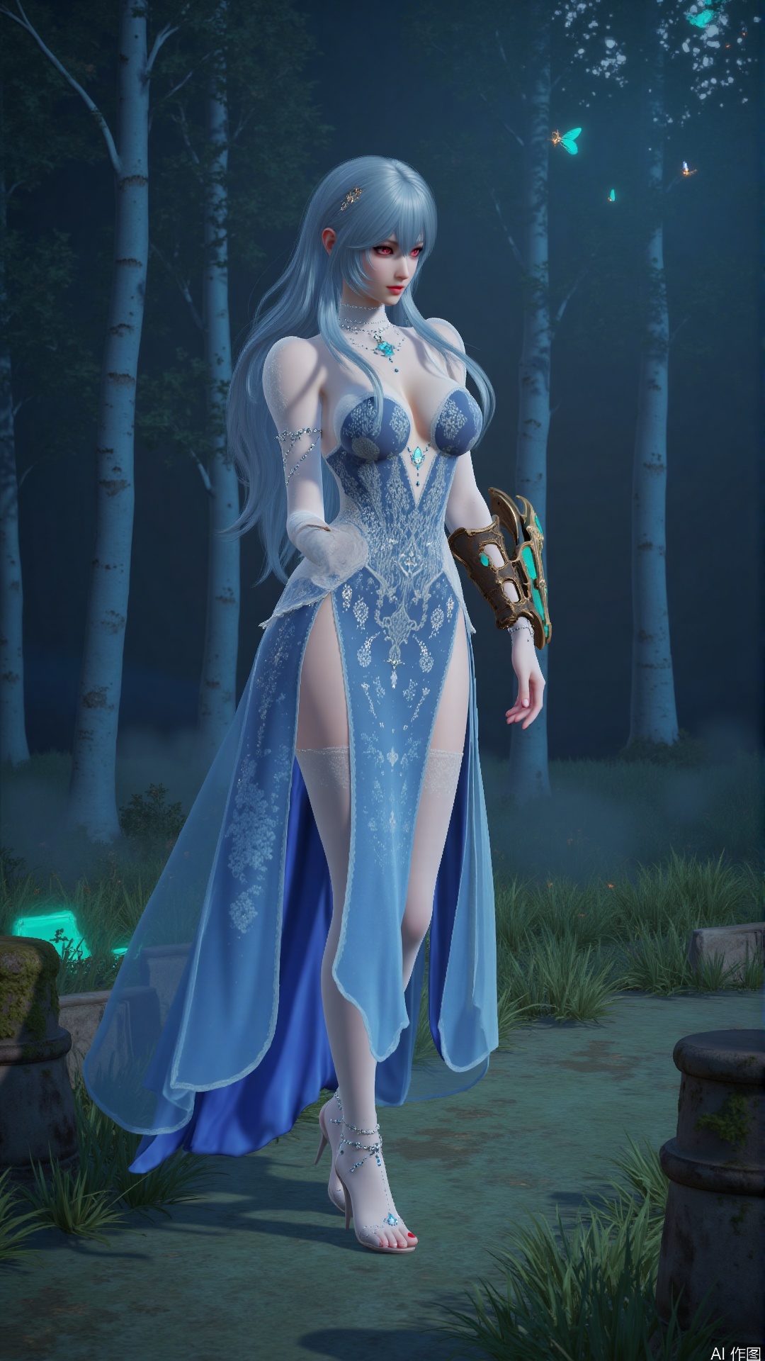 (masterpiece, best quality, 8K), cinematic lighting, moonlight,  
(long blue hair:1.3) with faint cyan glow, (red eyes:1.2) reflecting bioluminescent particles,  
(strapless blue dress:1.4) with high slit, sheer sleeves rippling, intricate embroidery patterns illuminated by moonlight,  
barefoot standing in mossy forest clearing, surrounded by ancient stone pillars covered in ivy,  
(ornate green-gold sword:1.3) held downward, blade emitting soft teal aura that interacts with fireflies,  
background: dense midnight forest with silver birch trees, thousands of fireflies forming swirling light trails, faint mist glowing with cyan bioluminescence,  
dynamic elements: fireflies with semi-transparent wings leaving motion blur trails, wind lifting hair and skirt hem, dandelion seeds floating alongside fireflies,  
style fusion: Studio Ghibli's ethereal glow + Zdzisław Beksiński's surreal textures,  
details: subsurface scattering on skin, moss velvet texture, chromatic aberration on firefly wings  