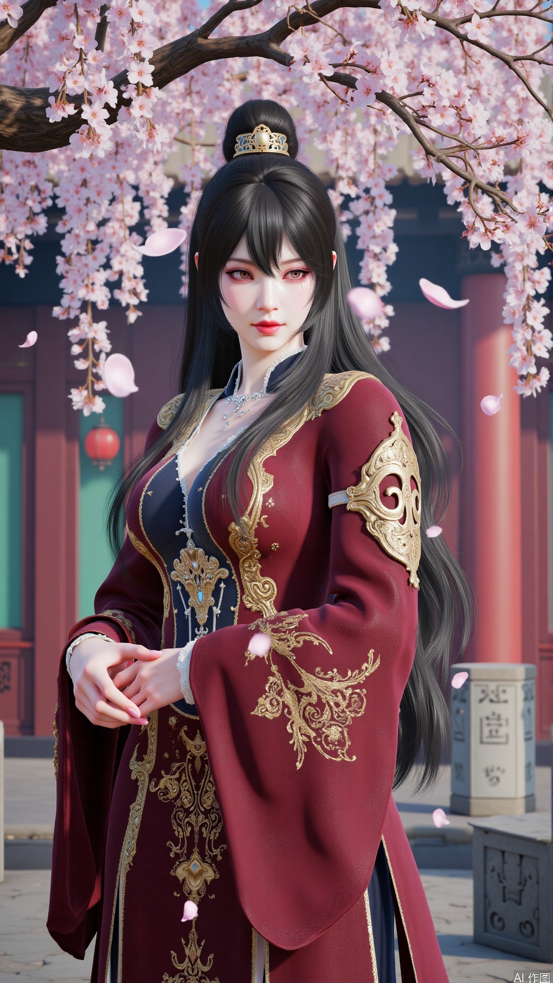 (masterpiece, best quality, 8K ultra-clear), cinematic lighting,
(Ji Yingying: 1.5) Wearing a dark red embroidered gold pattern robe, holding a burning Tang sword in his hand, standing under the weeping cherry tree,
(Sakuras fly: 1.3) The falling petals are intertwined with the blade's flame particles.
The background is an ancient courtyard, with stone lanterns and broken stone tablets engraved with Ji's family patterns.
(Dynamic fuzzy petals: 1.2), moonlight penetrates the tree shadow to form a contrast between cold and warm light,
Style Fusion: Shinkai Cheng's color saturation + Tsui Hark martial arts movie composition,
Detail parameters: sharp gaze, pale lips, layered depth