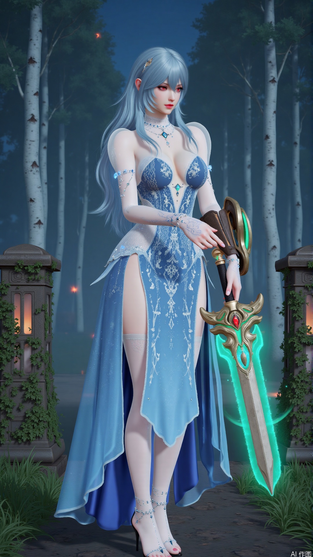 (masterpiece, best quality, 8K), cinematic lighting, moonlight,  
(long blue hair:1.3) with faint cyan glow, (red eyes:1.2) reflecting bioluminescent particles,  
(strapless blue dress:1.4) with high slit, sheer sleeves rippling, intricate embroidery patterns illuminated by moonlight,  
barefoot standing in mossy forest clearing, surrounded by ancient stone pillars covered in ivy,  
(ornate green-gold sword:1.3) held downward, blade emitting soft teal aura that interacts with fireflies,  
background: dense midnight forest with silver birch trees, thousands of fireflies forming swirling light trails, faint mist glowing with cyan bioluminescence,  
dynamic elements: fireflies with semi-transparent wings leaving motion blur trails, wind lifting hair and skirt hem, dandelion seeds floating alongside fireflies,  
style fusion: Studio Ghibli's ethereal glow + Zdzisław Beksiński's surreal textures,  
details: subsurface scattering on skin, moss velvet texture, chromatic aberration on firefly wings  
