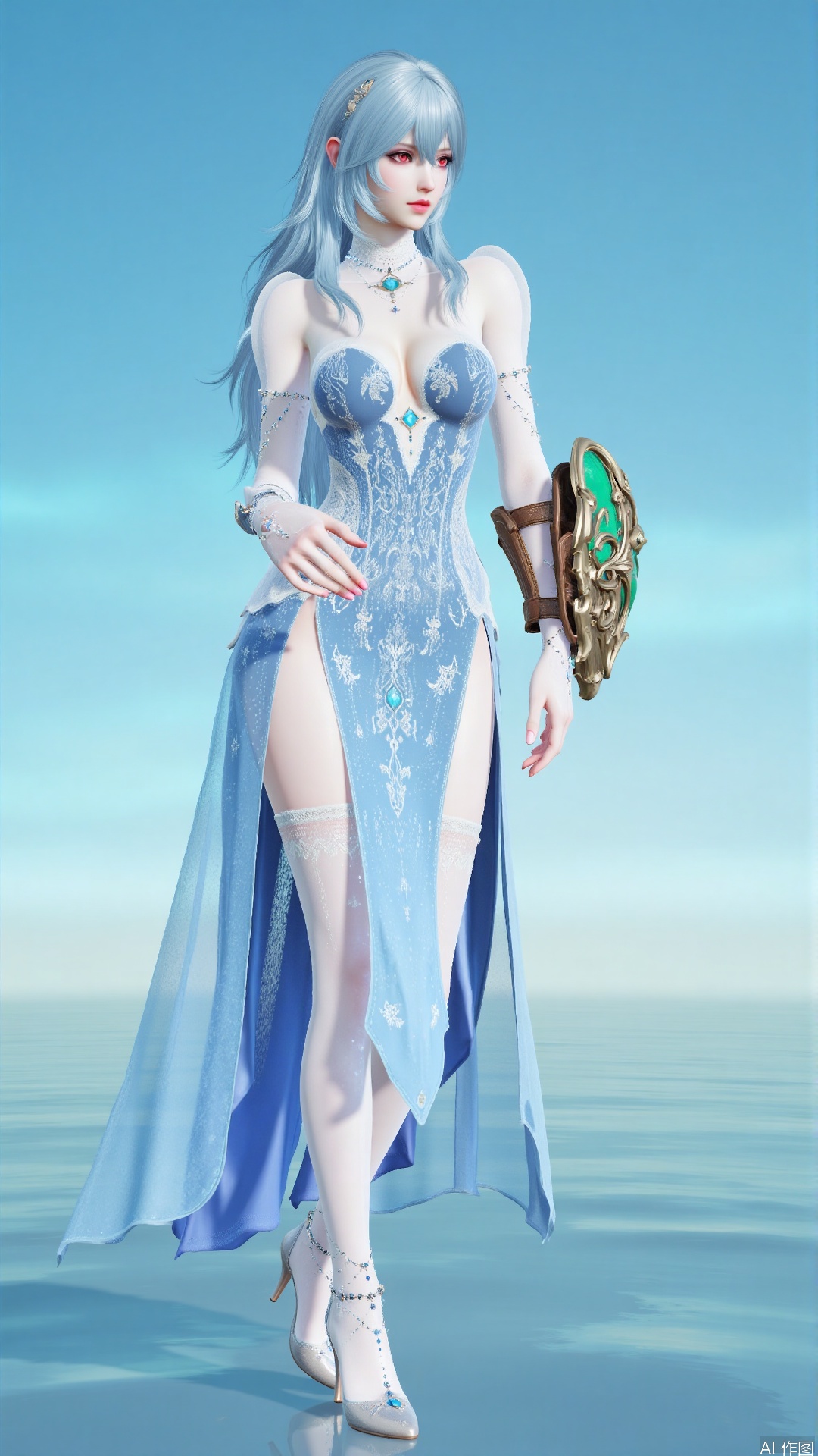 The image shows a female character with long blue hair and red eyes. She is wearing a long, flowing blue dress with a high slit on the side. The dress is made of a light blue fabric with intricate patterns and designs. The bodice of the dress is strapless and has a sweetheart neckline. The sleeves are long and sheer, and the skirt is flowing behind her. She has a pair of white high heels on her feet.

The character is standing on a body of water, with a clear blue sky in the background. The woman is holding a large, ornate object in her right hand, which appears to be a sword or a shield. The sword has a green and gold design on it. The overall mood of the image is mystical and mystical.