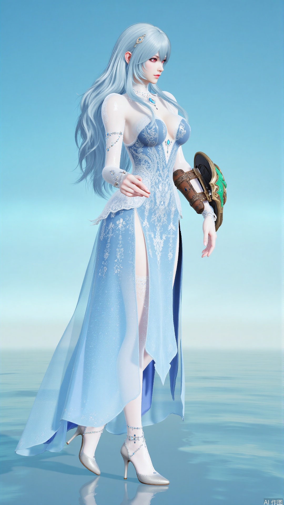The image shows a female character with long blue hair and red eyes. She is wearing a long, flowing blue dress with a high slit on the side. The dress is made of a light blue fabric with intricate patterns and designs. The bodice of the dress is strapless and has a sweetheart neckline. The sleeves are long and sheer, and the skirt is flowing behind her. She has a pair of white high heels on her feet.

The character is standing on a body of water, with a clear blue sky in the background. The woman is holding a large, ornate object in her right hand, which appears to be a sword or a shield. The sword has a green and gold design on it. The overall mood of the image is mystical and mystical.