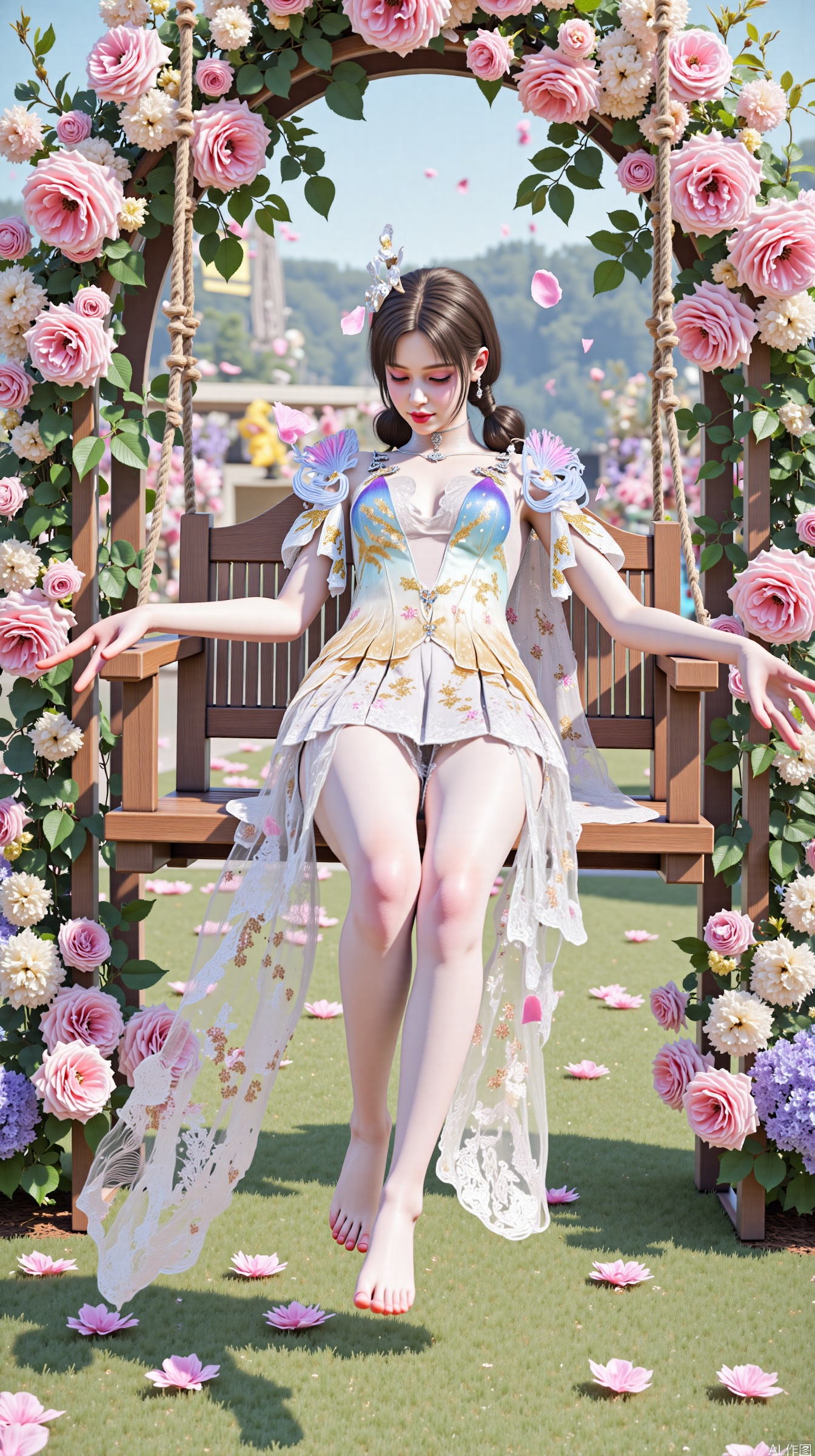 (masterpiece, best quality, 8K), soft watercolor texture, cinematic lighting,  
(woman in flowing white dress:1.3) with floral embroidery, gently swinging on wooden swing,  
(rose-covered swing:1.4) with pink-white rose garlands, trailing green ivy vines,  
layered flower arrangements: climbing roses on arched structure, scattered petals floating in air,  
background: enchanted garden with blooming hydrangea bushes, distant stone fountain with crystal water,  
dynamic elements: golden hour sunlight filtering through leaves, dappled shadows on grass,  
color palette: blush pink, cream white, sage green, and soft lavender gradients,  
style fusion: Studio Ghibli's whimsy + James Tissot's impressionist brushstrokes[6,7](@ref),  
details: subsurface scattering on petals, wood grain texture, atmospheric perspective  