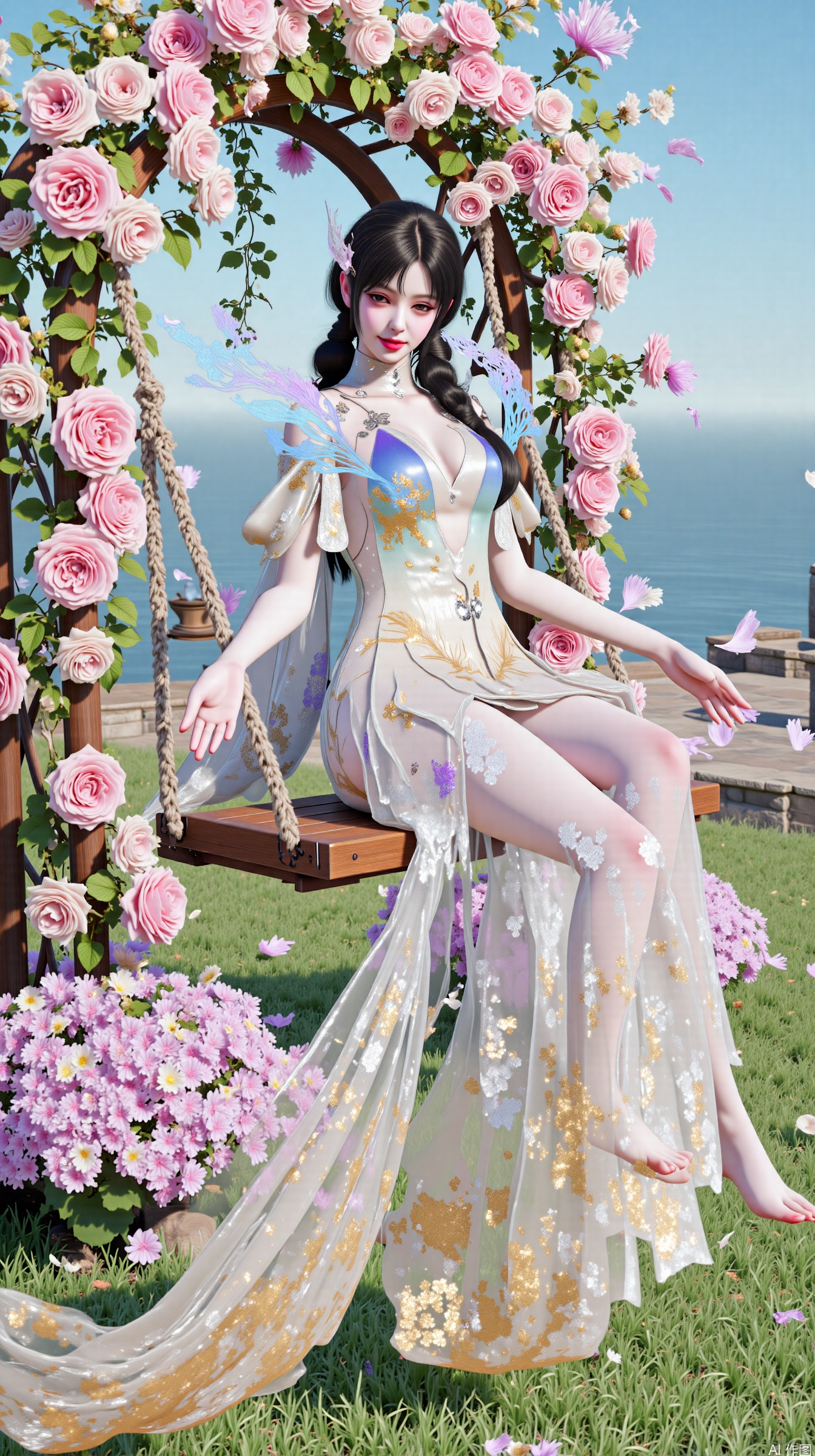 (masterpiece, best quality, 8K), soft watercolor texture, cinematic lighting,  
(woman in flowing white dress:1.3) with floral embroidery, gently swinging on wooden swing,  
(rose-covered swing:1.4) with pink-white rose garlands, trailing green ivy vines,  
layered flower arrangements: climbing roses on arched structure, scattered petals floating in air,  
background: enchanted garden with blooming hydrangea bushes, distant stone fountain with crystal water,  
dynamic elements: golden hour sunlight filtering through leaves, dappled shadows on grass,  
color palette: blush pink, cream white, sage green, and soft lavender gradients,  
style fusion: Studio Ghibli's whimsy + James Tissot's impressionist brushstrokes[6,7](@ref),  
details: subsurface scattering on petals, wood grain texture, atmospheric perspective  