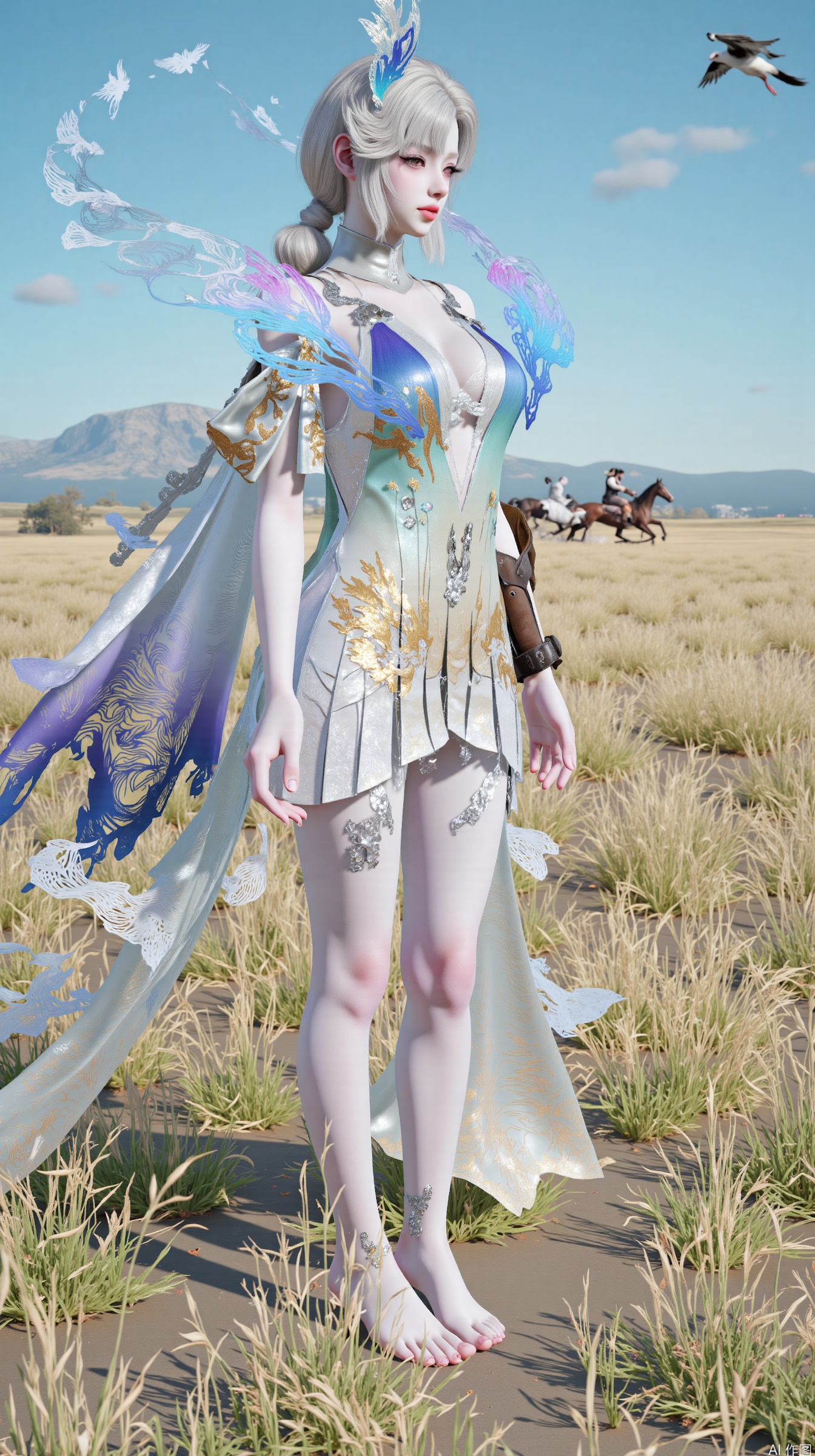 lanmeng, masterpiece, best quality, ultra-detailed, 8K resolution,  
a young woman standing tall in boundless grassland, her white stilettos sinking slightly into the soil,  
silver-white hair cascading over shoulders with wind-blown strands catching golden hour light,  
wearing a cerulean silk dress with thigh-high slit revealing toned legs,  
intricate nomadic embroidery in platinum thread swirling from waist to hem,  
hands resting naturally on hips with fingers grazing embroidered wolf motif,  
piercing blue eyes reflecting undulating waves of feather grass across the steppe,  
background features galloping wild horse herd kicking up dust clouds,  
saker falcon diving silhouette overlapped with migrating crane formation,  
wind-sculpted grass patterns radiating from her figure like cosmic ripples,  
Hasselblad XCD 28mm f/1.4, backlit by alpenglow through altocumulus clouds,  
epic atmosphere fusing Mongolian warrior poise with celestial grace --ar 21:9