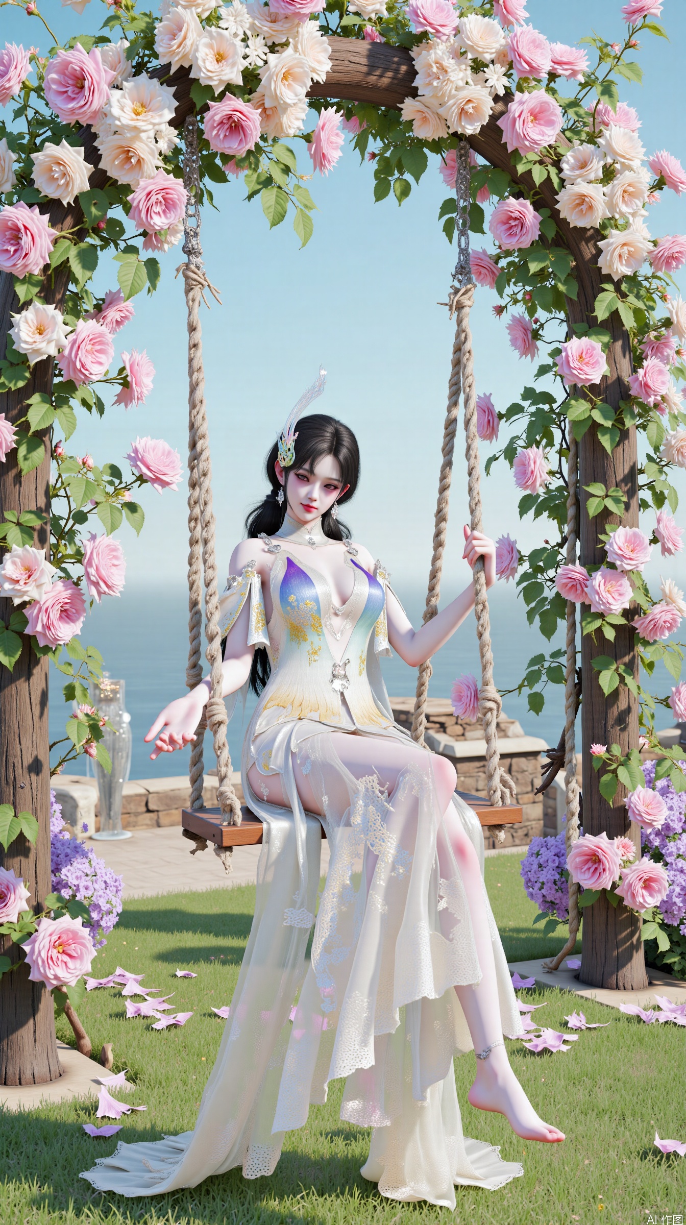 (masterpiece, best quality, 8K), soft watercolor texture, cinematic lighting,  
(woman in flowing white dress:1.3) with floral embroidery, gently swinging on wooden swing,  
(rose-covered swing:1.4) with pink-white rose garlands, trailing green ivy vines,  
layered flower arrangements: climbing roses on arched structure, scattered petals floating in air,  
background: enchanted garden with blooming hydrangea bushes, distant stone fountain with crystal water,  
dynamic elements: golden hour sunlight filtering through leaves, dappled shadows on grass,  
color palette: blush pink, cream white, sage green, and soft lavender gradients,  
style fusion: Studio Ghibli's whimsy + James Tissot's impressionist brushstrokes[6,7](@ref),  
details: subsurface scattering on petals, wood grain texture, atmospheric perspective  