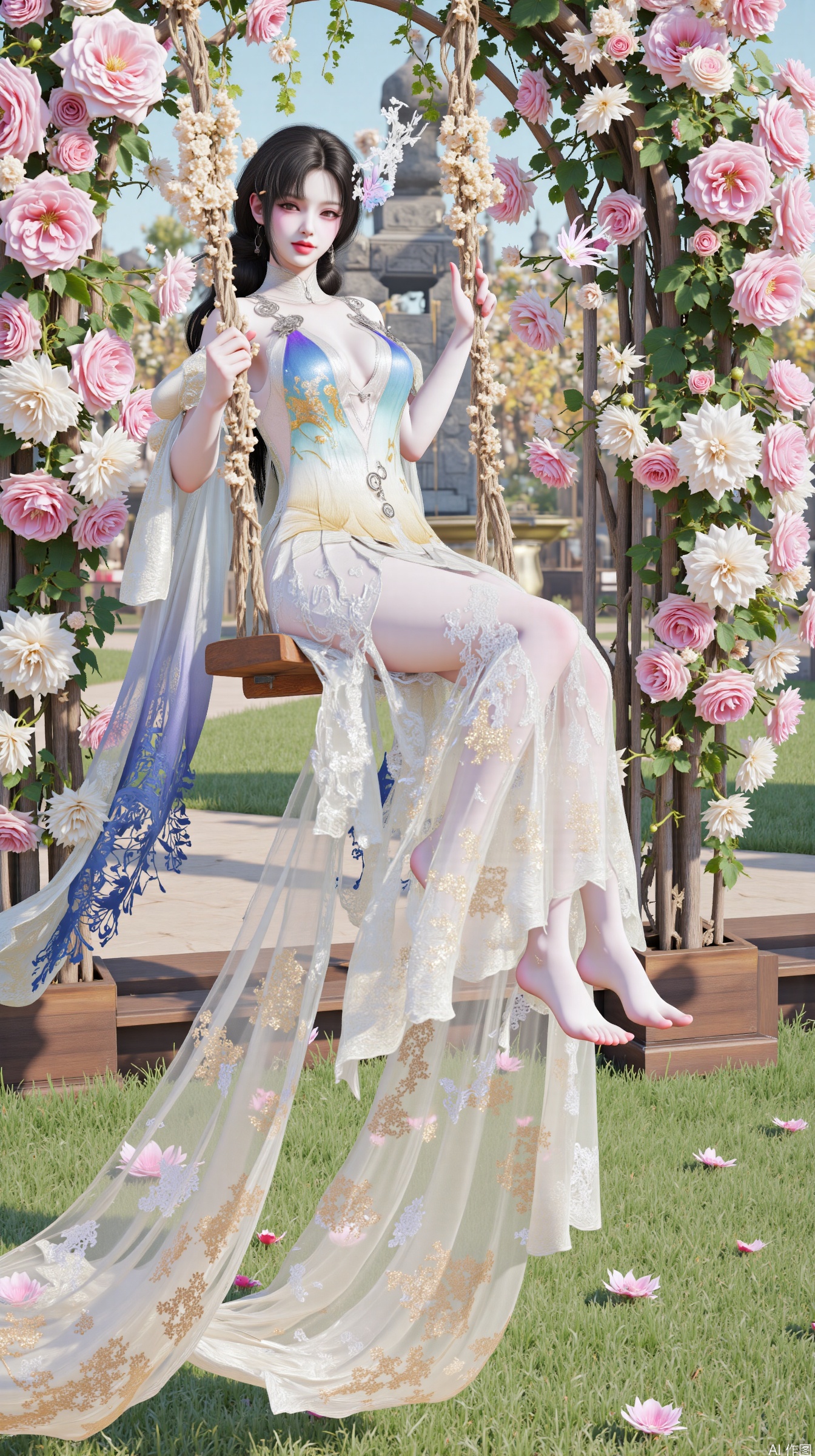 (masterpiece, best quality, 8K), soft watercolor texture, cinematic lighting,  
(woman in flowing white dress:1.3) with floral embroidery, gently swinging on wooden swing,  
(rose-covered swing:1.4) with pink-white rose garlands, trailing green ivy vines,  
layered flower arrangements: climbing roses on arched structure, scattered petals floating in air,  
background: enchanted garden with blooming hydrangea bushes, distant stone fountain with crystal water,  
dynamic elements: golden hour sunlight filtering through leaves, dappled shadows on grass,  
color palette: blush pink, cream white, sage green, and soft lavender gradients,  
style fusion: Studio Ghibli's whimsy + James Tissot's impressionist brushstrokes[6,7](@ref),  
details: subsurface scattering on petals, wood grain texture, atmospheric perspective  