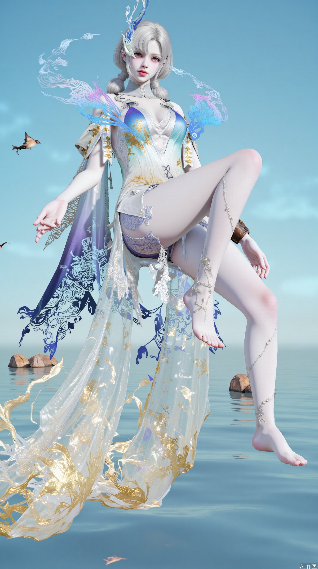 lanmeng, The image shows a young woman with white hair and blue eyes, sitting on a rock in the middle of a body of water. She is wearing a long, flowing blue and gold dress with intricate patterns and designs. The dress has a high neckline and long sleeves, and the skirt is flowing in the wind. The woman is holding a golden sword in her right hand and her left hand is resting on her hip. She has a serious expression on her face and is looking off into the distance. The background is a clear blue sky with a few birds flying around her. The overall mood of the image is mystical and dreamlike.