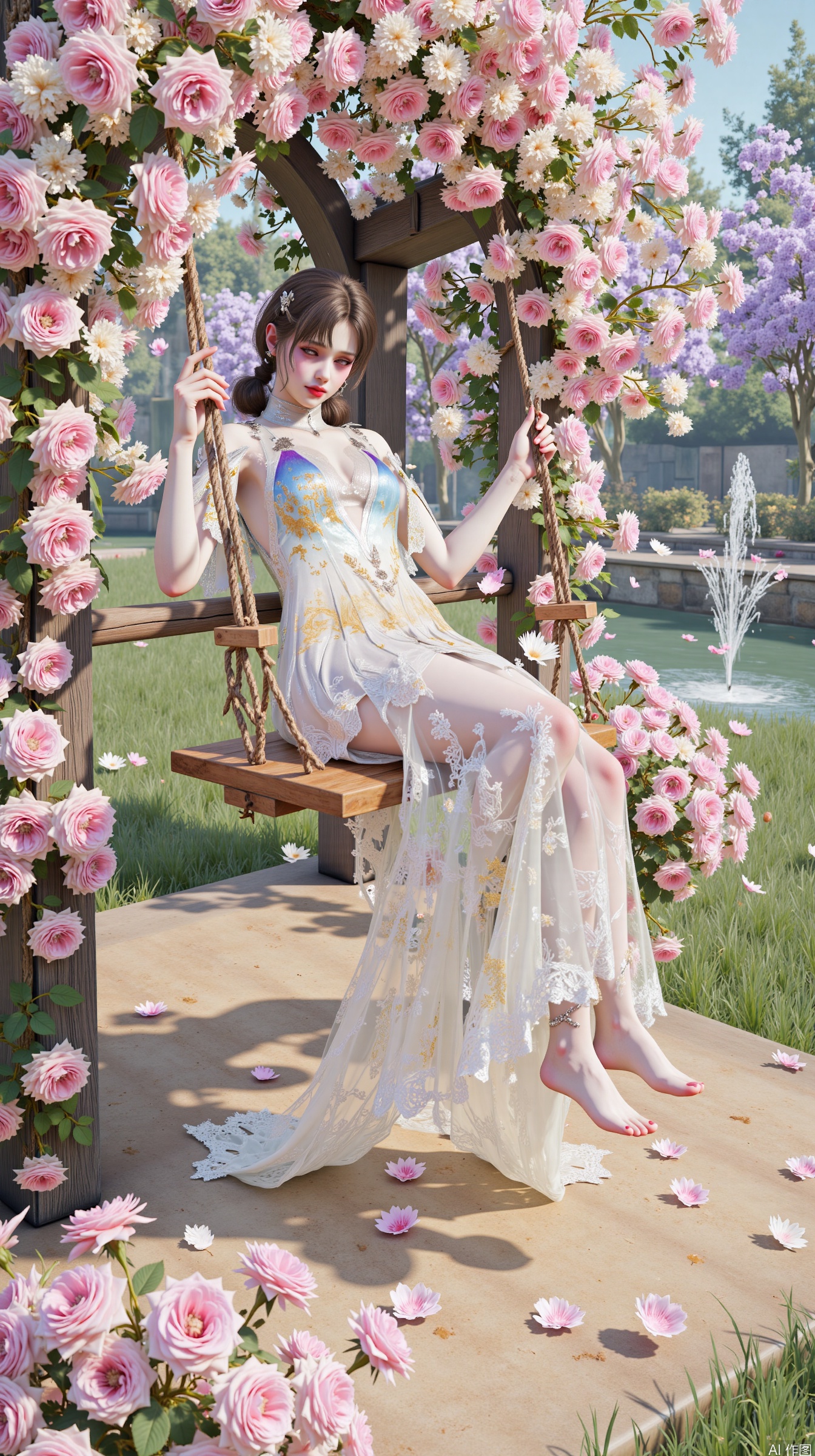 (masterpiece, best quality, 8K), soft watercolor texture, cinematic lighting,  
(woman in flowing white dress:1.3) with floral embroidery, gently swinging on wooden swing,  
(rose-covered swing:1.4) with pink-white rose garlands, trailing green ivy vines,  
layered flower arrangements: climbing roses on arched structure, scattered petals floating in air,  
background: enchanted garden with blooming hydrangea bushes, distant stone fountain with crystal water,  
dynamic elements: golden hour sunlight filtering through leaves, dappled shadows on grass,  
color palette: blush pink, cream white, sage green, and soft lavender gradients,  
style fusion: Studio Ghibli's whimsy + James Tissot's impressionist brushstrokes[6,7](@ref),  
details: subsurface scattering on petals, wood grain texture, atmospheric perspective  