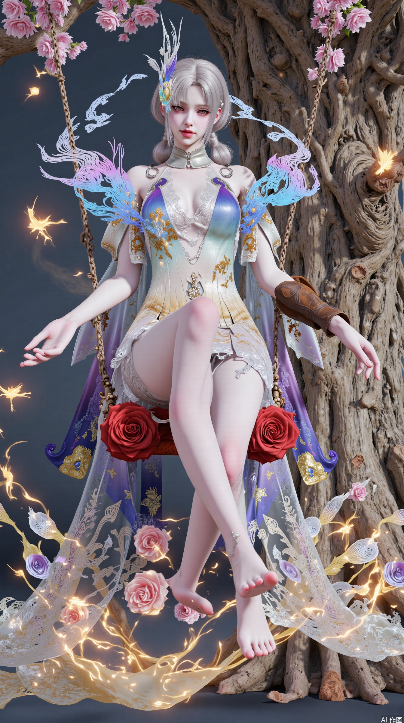 In a fantasy setting, a regal woman with flowing purple hair and an ornate golden crown sits majestically on a crimson rose swing suspended from an ancient oak tree's gnarled branches. Soft golden light illuminates her fierce expression as she gazes directly at the viewer, her eyes burning with intensity. Her intricate purple and gold embroidered outfit rustles gently in the breeze, while long strands of hair dance around her face. Glowing pollen floats like fireflies around her, amidst a swirl of rose petals that seem to be drawn to her ethereal presence. The distant blurred arches of ancient roses provide a mystical backdrop as mist curls at her feet, shrouding the scene in an air of enchantment.
