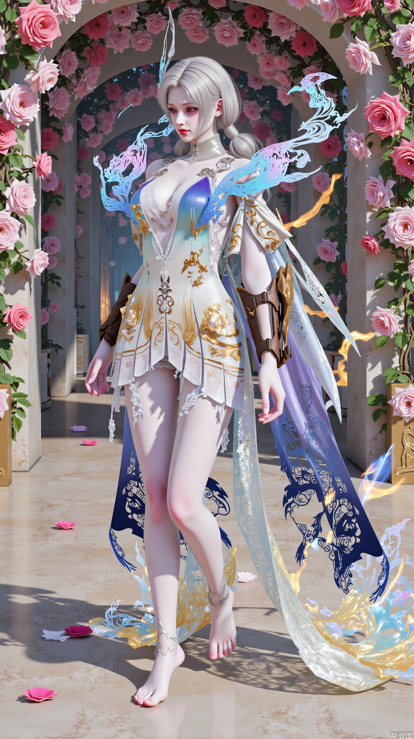 lanmeng, masterpiece, best quality, ultra-detailed, 8K resolution,  
a young woman with snow-white hair in gravity-defying waves, crimson eyes glowing with inner fire,  
wearing a multilayered battle dress: white outer layer with fractal patterns, middle cerulean silk with gold circuitry,  
golden underlayer emitting faint light particles, high collar extending to cheekbone armor,  
wielding a crystalline sword with rose-vine engravings, blade refracting prismatic light,  
standing in a grand rose corridor with arches covered by cascading crimson and ivory roses,  
sunlight filtering through dense flower canopy creating dappled shadows on marble floor,  
fallen petals swirling around her boots in fractal patterns,  
rose vines entwined with neon-blue bioluminescent tendrils crawling on stone pillars,  
distant view of endless rose tunnels merging with holographic cityscape,  
cinematic composition, Phase One XT 150MP + 85mm f/1.4,  
cyber-fantasy atmosphere with Baroque floral elements --ar 21:9