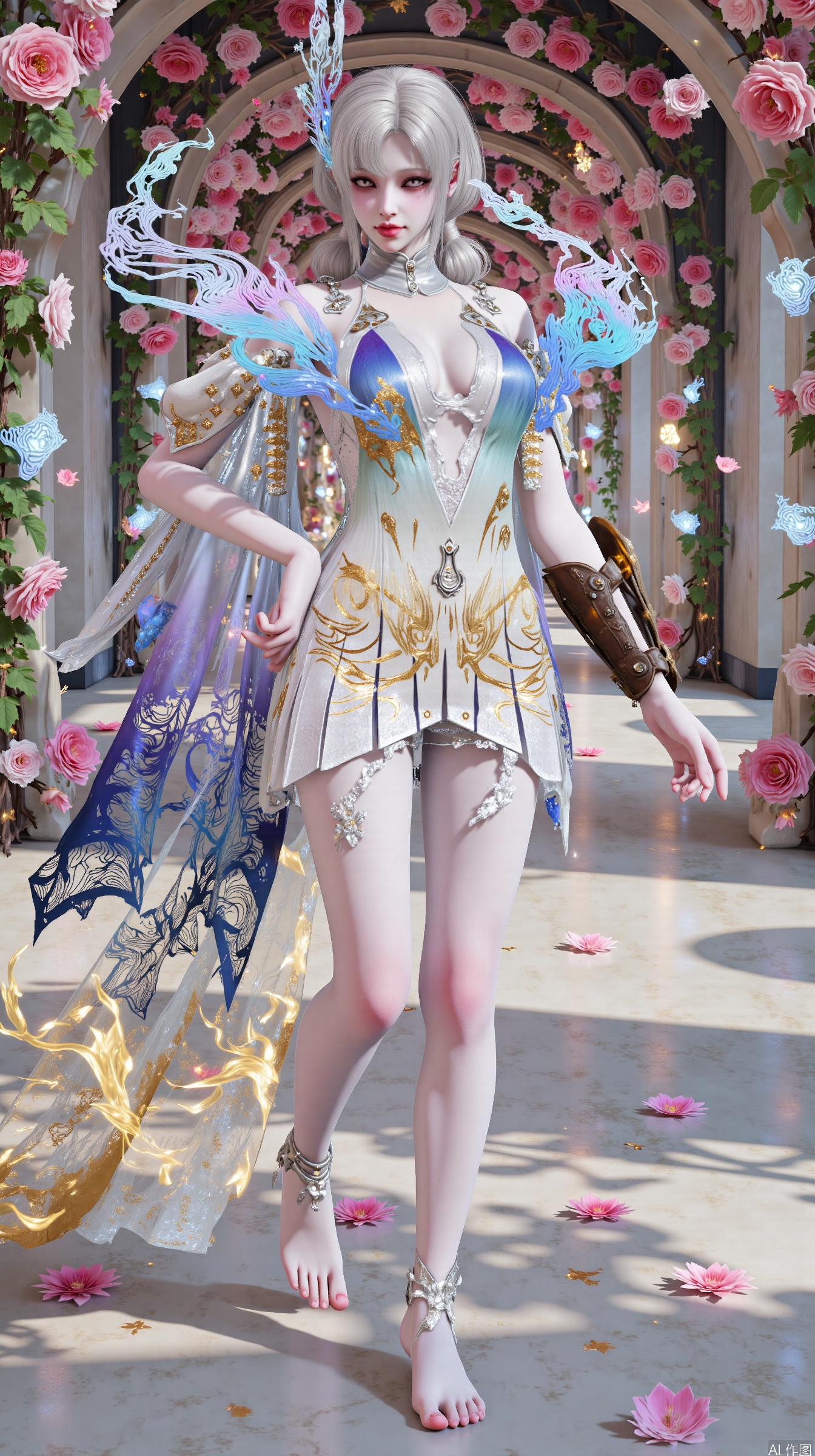lanmeng, masterpiece, best quality, ultra-detailed, 8K resolution,  
a young woman with snow-white hair in gravity-defying waves, crimson eyes glowing with inner fire,  
wearing a multilayered battle dress: white outer layer with fractal patterns, middle cerulean silk with gold circuitry,  
golden underlayer emitting faint light particles, high collar extending to cheekbone armor,  
wielding a crystalline sword with rose-vine engravings, blade refracting prismatic light,  
standing in a grand rose corridor with arches covered by cascading crimson and ivory roses,  
sunlight filtering through dense flower canopy creating dappled shadows on marble floor,  
fallen petals swirling around her boots in fractal patterns,  
rose vines entwined with neon-blue bioluminescent tendrils crawling on stone pillars,  
distant view of endless rose tunnels merging with holographic cityscape,  
cinematic composition, Phase One XT 150MP + 85mm f/1.4,  
cyber-fantasy atmosphere with Baroque floral elements --ar 21:9