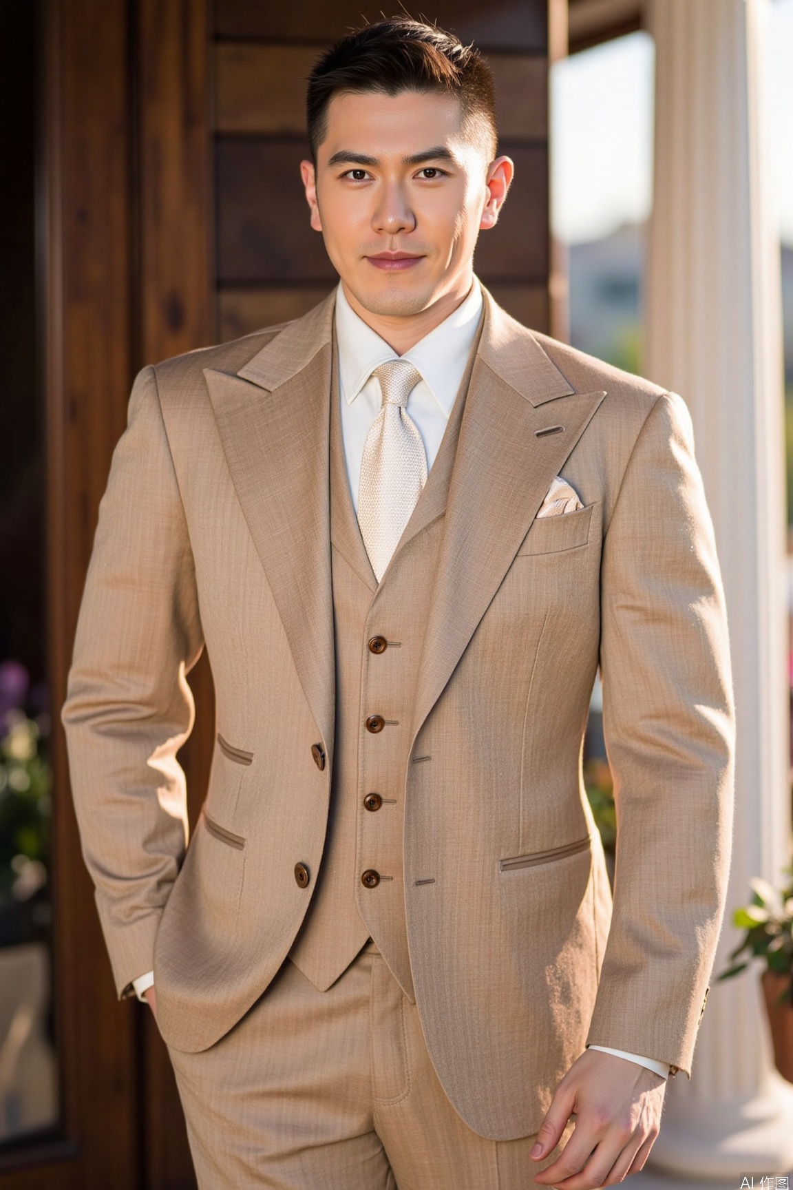 A man in  a khaki formal suit, paired with a matching vest, a off - white tie, a white shirt, and an off - white pocket square in the breast pocket that adds a touch of sophistication.using a Hasselblad H6D - 100c with a HC 80mm f/2.8 lens, ISO 400, f/5.6, 1/250s. The color is vibrant with high saturation, and a lens flare effect is added.xnz,formal