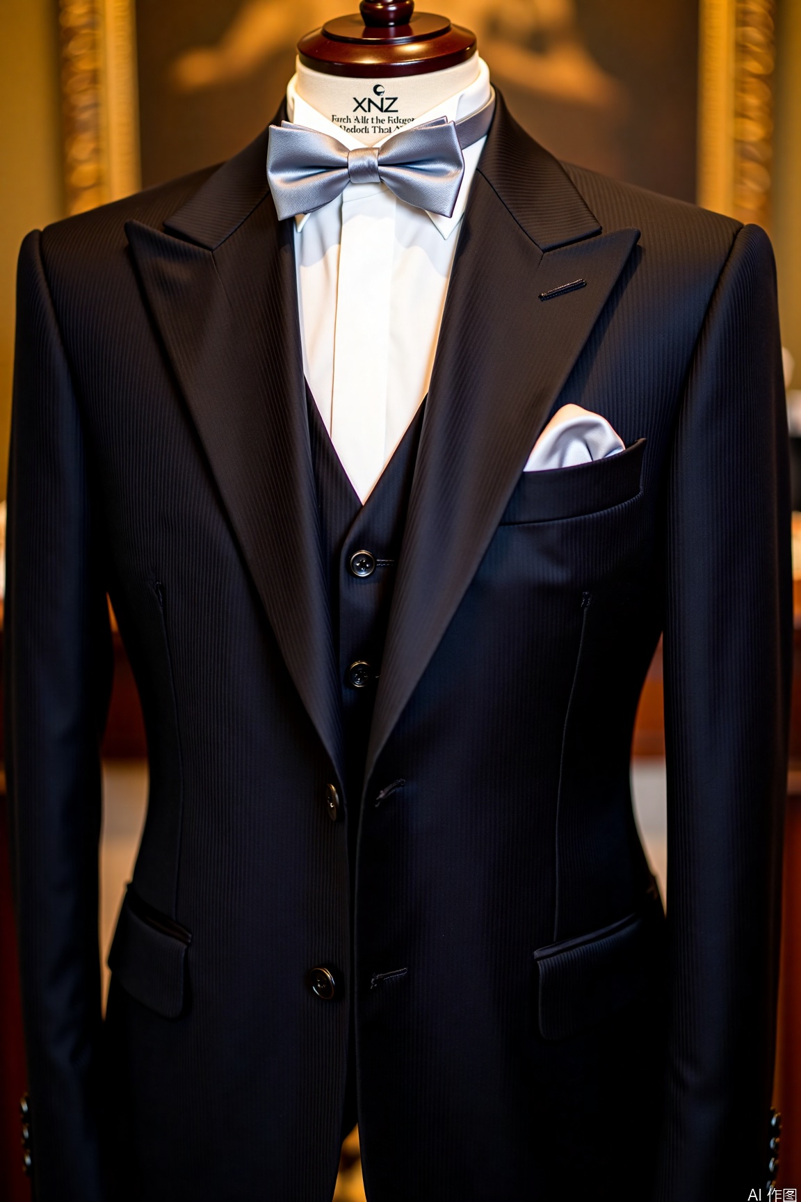 xnz,formal,mannequin display, Men's clothing close - up shows a black striped formal suit, paired with a matching vest, a light gray bow tie, a white shirt, and a light gray pocket square in the breast pocket, set against a blurred warm - toned background