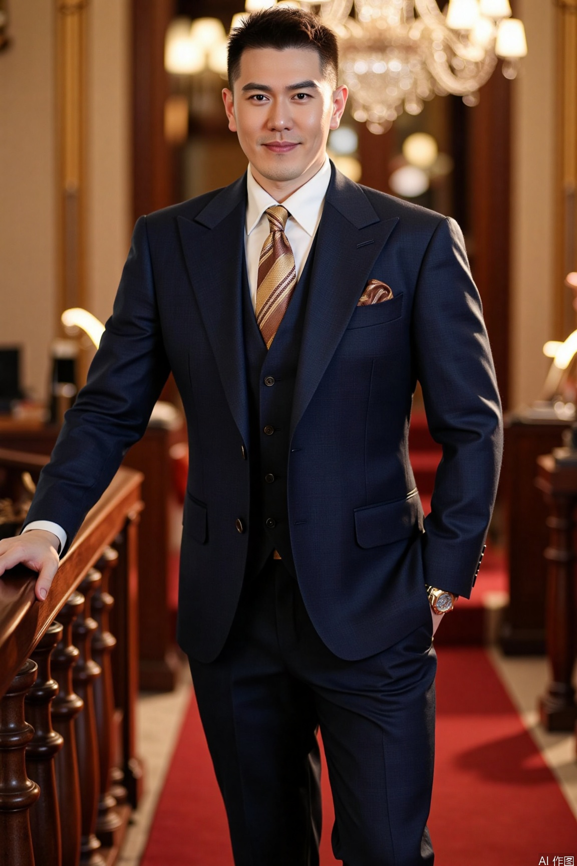 A man in  a dark blue formal suit, paired with a matching vest, a brown - yellow checkered tie, a white shirt. The breast pocket is adorned with a brown - yellow striped pocket square.He is walking down a red - carpeted staircase, one hand on the railing. The background is a grand ballroom with chandeliers and ornate decorations. Spotlight shines on him, creating a dramatic effect. In the style of Richard Avedon, using a Hasselblad H6D - 100c with a HC 80mm f/2.8 lens, ISO 400, f/5.6, 1/250s. The color is vibrant with high saturation, and a lens flare effect is added.,xnz