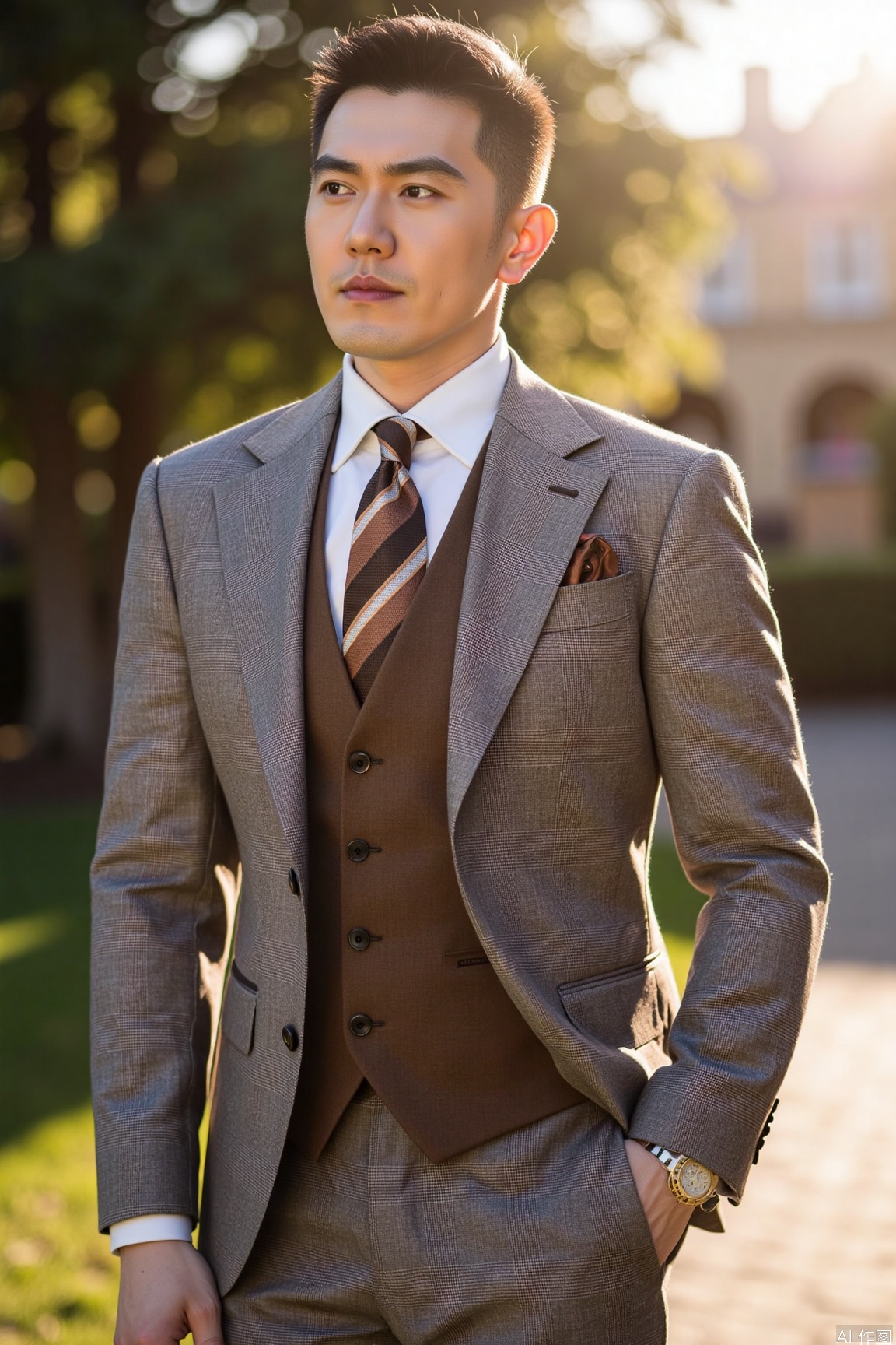 A man in  a a brown checkered formal suit, paired with a brown vest, a brown - and - black striped tie, a white shirt.using a Hasselblad H6D - 100c with a HC 80mm f/2.8 lens, ISO 400, f/5.6, 1/250s. The color is vibrant with high saturation, and a lens flare effect is added.xnz,formal