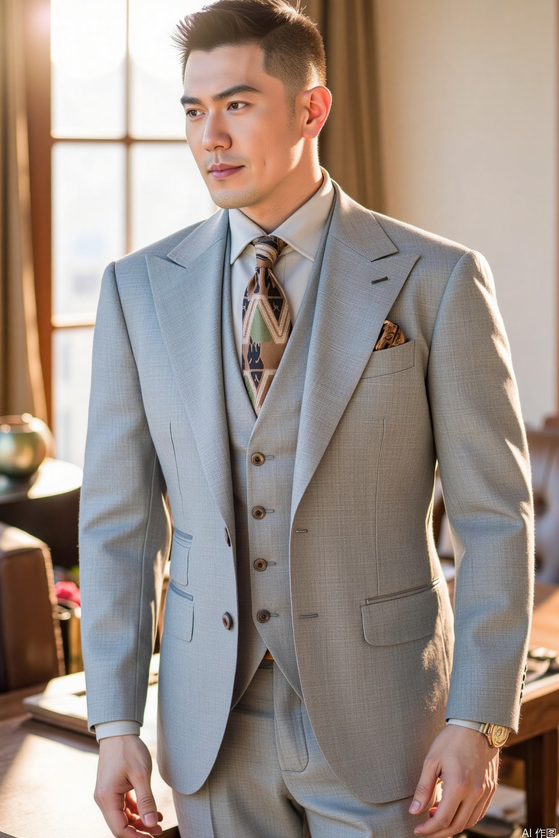 A man in  light gray formal suit, paired with a matching vest, a brown - black geometric - patterned tie, a light gray shirt, and a green - brown patterned pocket square in the breast pocket,.using a Hasselblad H6D - 100c with a HC 80mm f/2.8 lens, ISO 400, f/5.6, 1/250s. The color is vibrant with high saturation, and a lens flare effect is added.xnz,formal