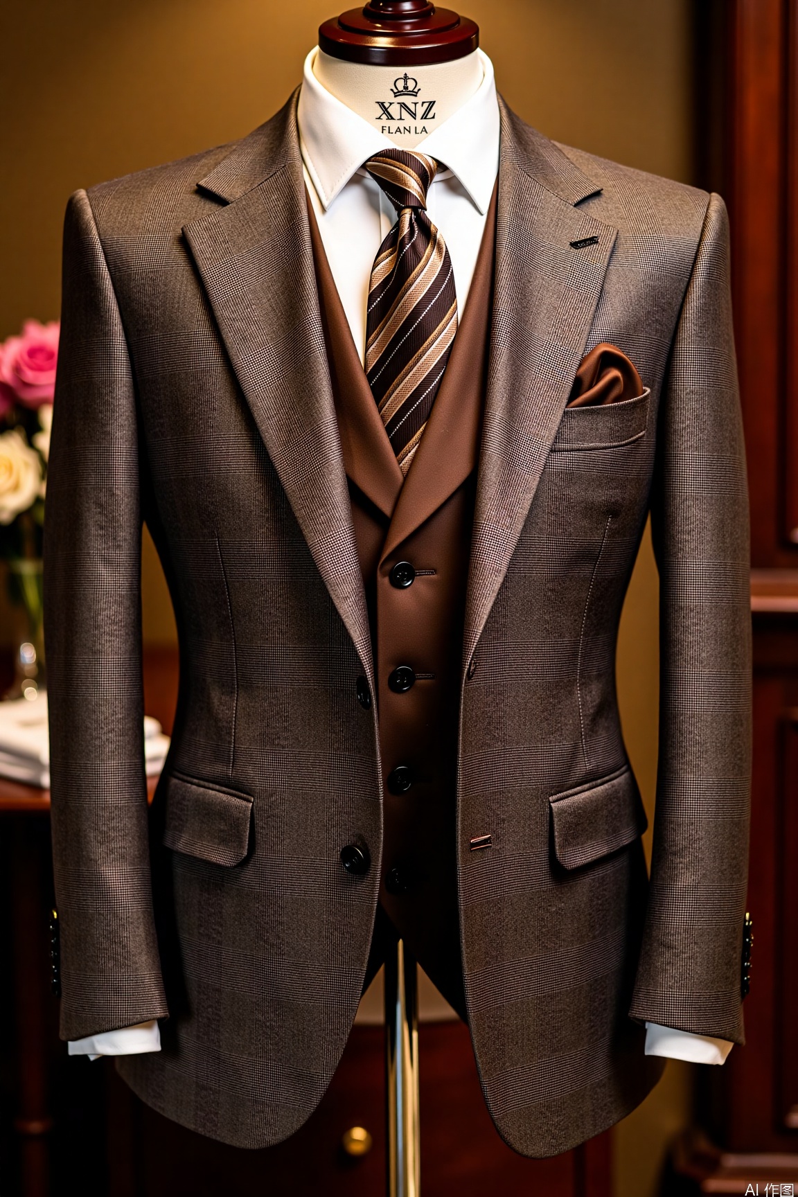 xnz,formal,mannequin display, The men's clothing close - up features a brown checkered formal suit, paired with a brown vest, a brown - and - black striped tie, a white shirt. The brown pocket square in the breast pocket exudes elegance, with a blurred warm - leaning background.