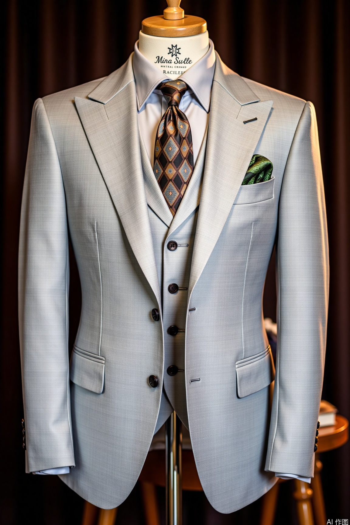 xnz,formal,mannequin display, Men's clothing close - up shows a light gray formal suit, paired with a matching vest, a brown - black geometric - patterned tie, a light gray shirt, and a green - brown patterned pocket square in the breast pocket, set against a blurred dark - leaning background.