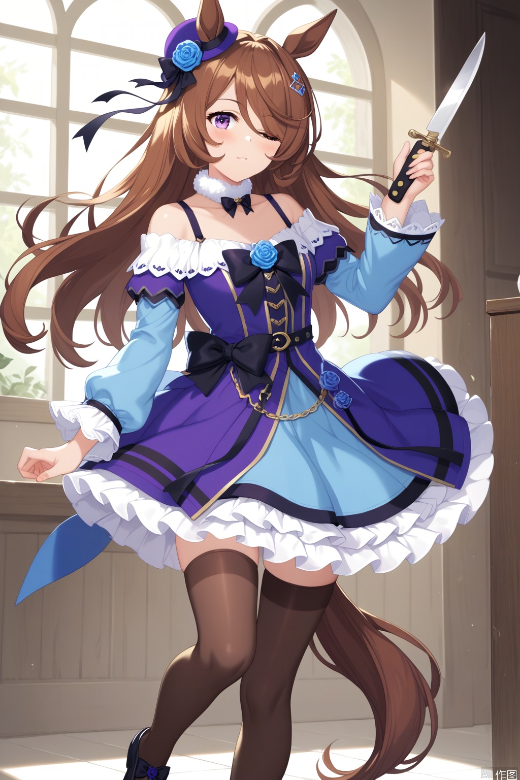 score_9,score_8_up,score_7_up,
official art,official style,game cg,megami magazine,
1girl,
rcs race,rice shower (umamusume),
animal ears,back bow,bangs,bare shoulders,belt,black bow,blue dress,blue flower,blue rose,
blush,brown hair,black legwear,brown thighhighs,collarbone,dagger,dress,dress bow,eyebrows visible through hair,
flipped hair,flower,fur choker,fur collar,hair flower,hair ornament,hair over one eye,
hat,hat flower,horse ears,horse girl,horse tail,knife,long hair,long sleeves,
off shoulder,off-shoulder dress,one eye covered,purple dress,purple eyes,purple headwear,rose,
sheath,sheathed,shoes,short dress,sleeves past wrists,tail,thigh-highs,thighhighs,
tilted headwear,very long hair,violet eyes,weapon,
standing,
,